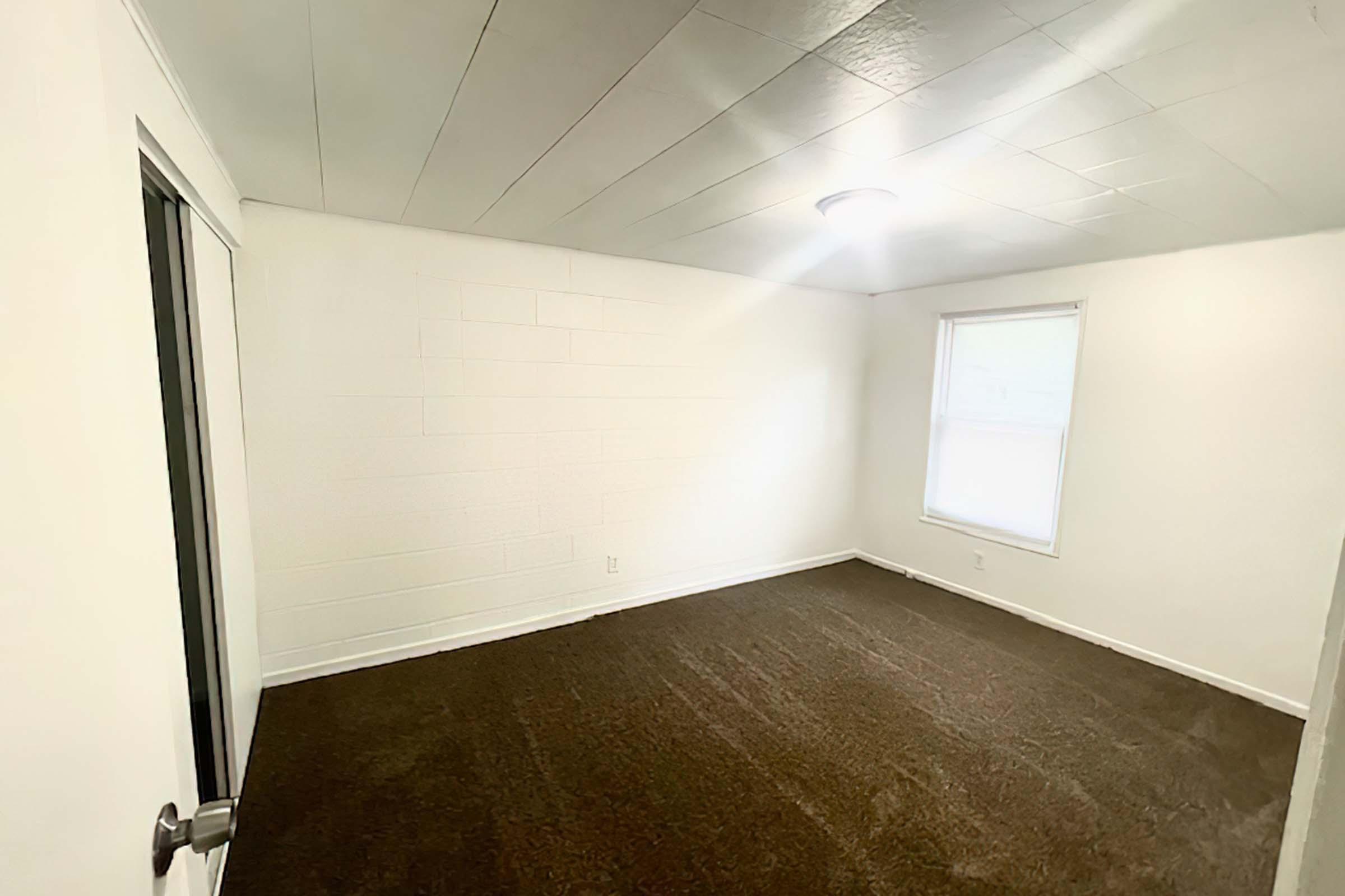 A small, empty room featuring white walls and a brown carpet. There is a single window allowing natural light, and a ceiling light fixture. The room has a door on the left side, contributing to a minimalist and unoccupied atmosphere.