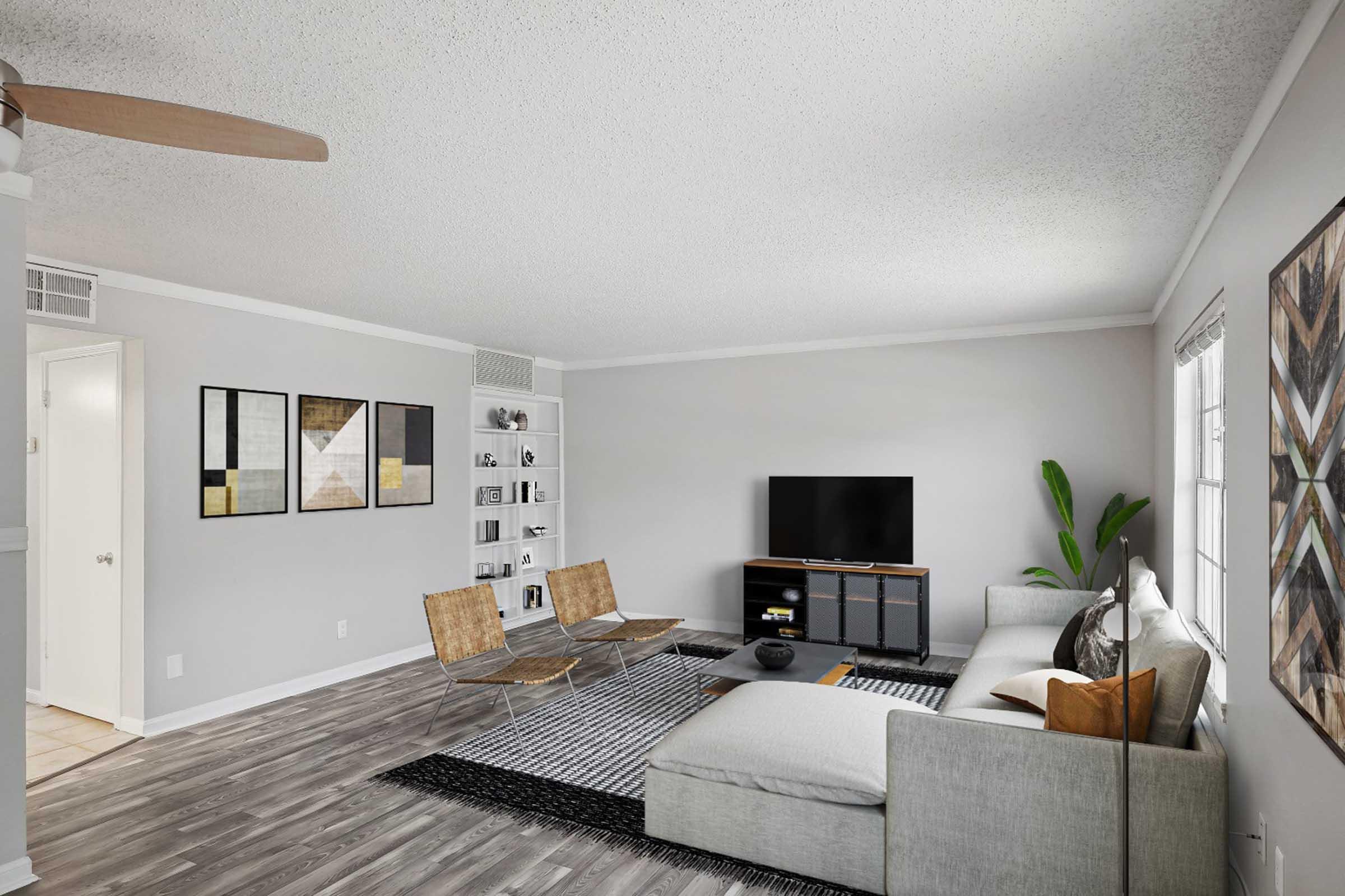 Bright and modern living room featuring a gray color scheme, a comfortable sectional sofa with decorative pillows, two stylish chairs, a black TV stand with a television, and a decorative black-and-white rug. There are also framed artworks on the walls and a potted plant in the corner, creating an inviting atmosphere.