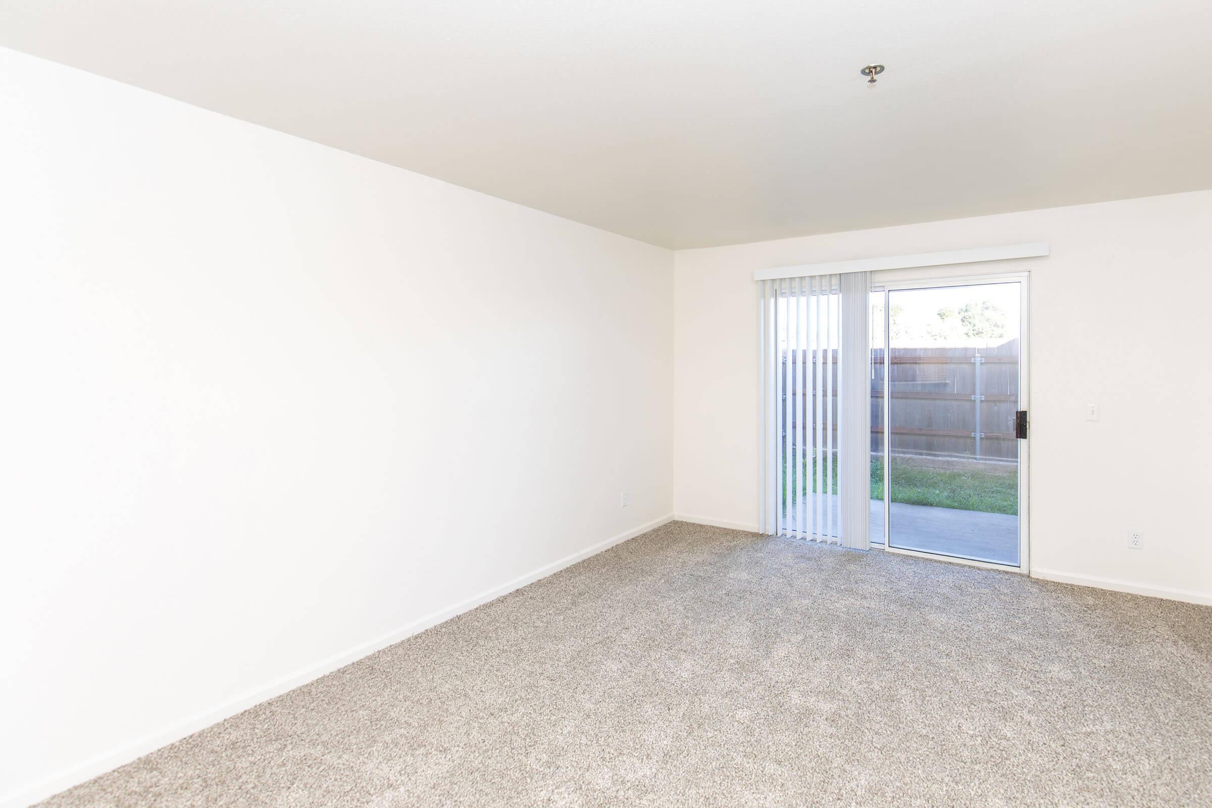 A minimalist room with light beige carpet and white walls. There's a sliding glass door leading to an outdoor space, partially covered by vertical blinds. The room is empty, creating a spacious feel, with natural light coming in from the door.