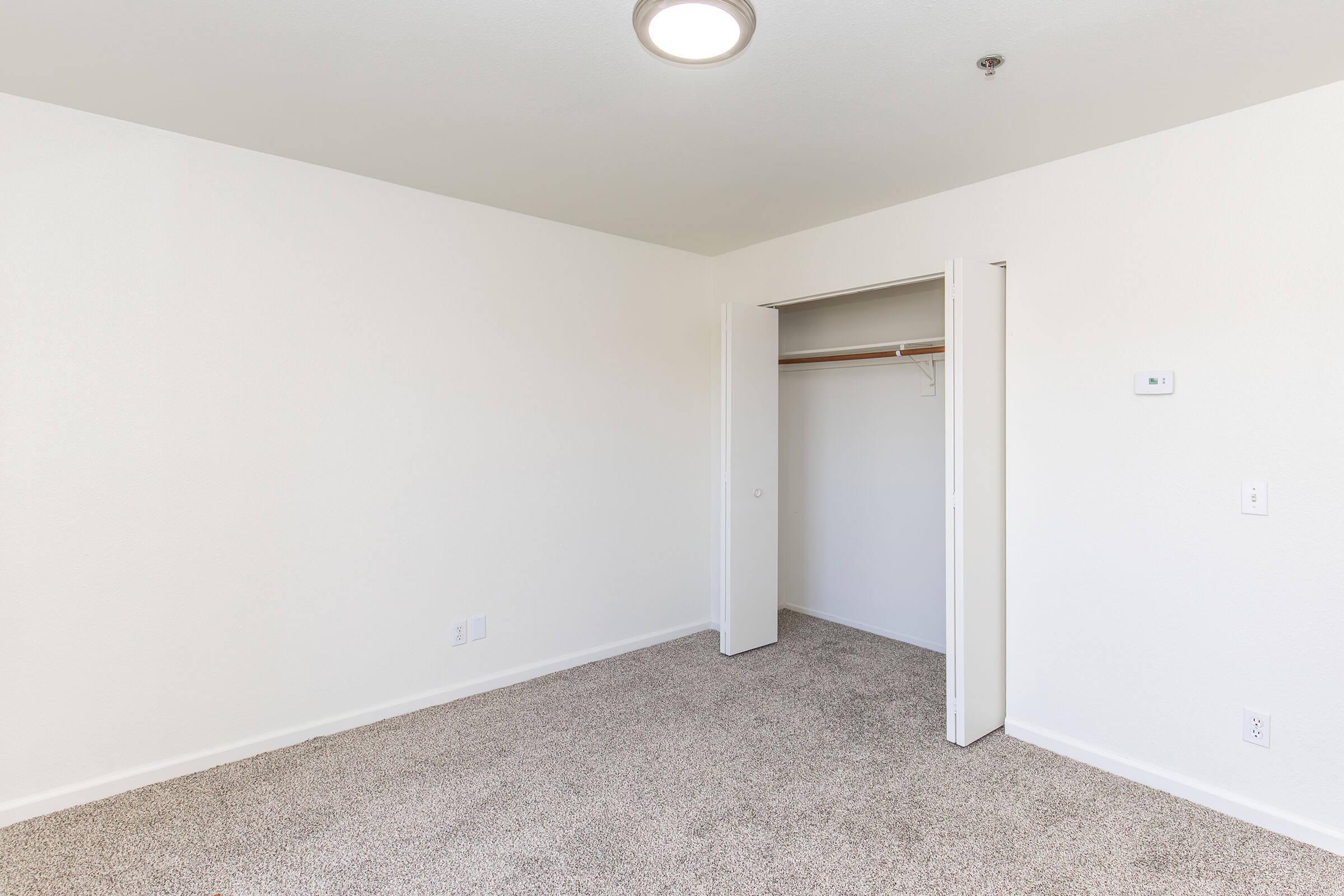 A clean, empty bedroom with light-colored walls and beige carpet. There is a ceiling light fixture and a mirrored closet with an open door, revealing a simple rack inside. The room has no furniture, creating a spacious and minimalistic feel.