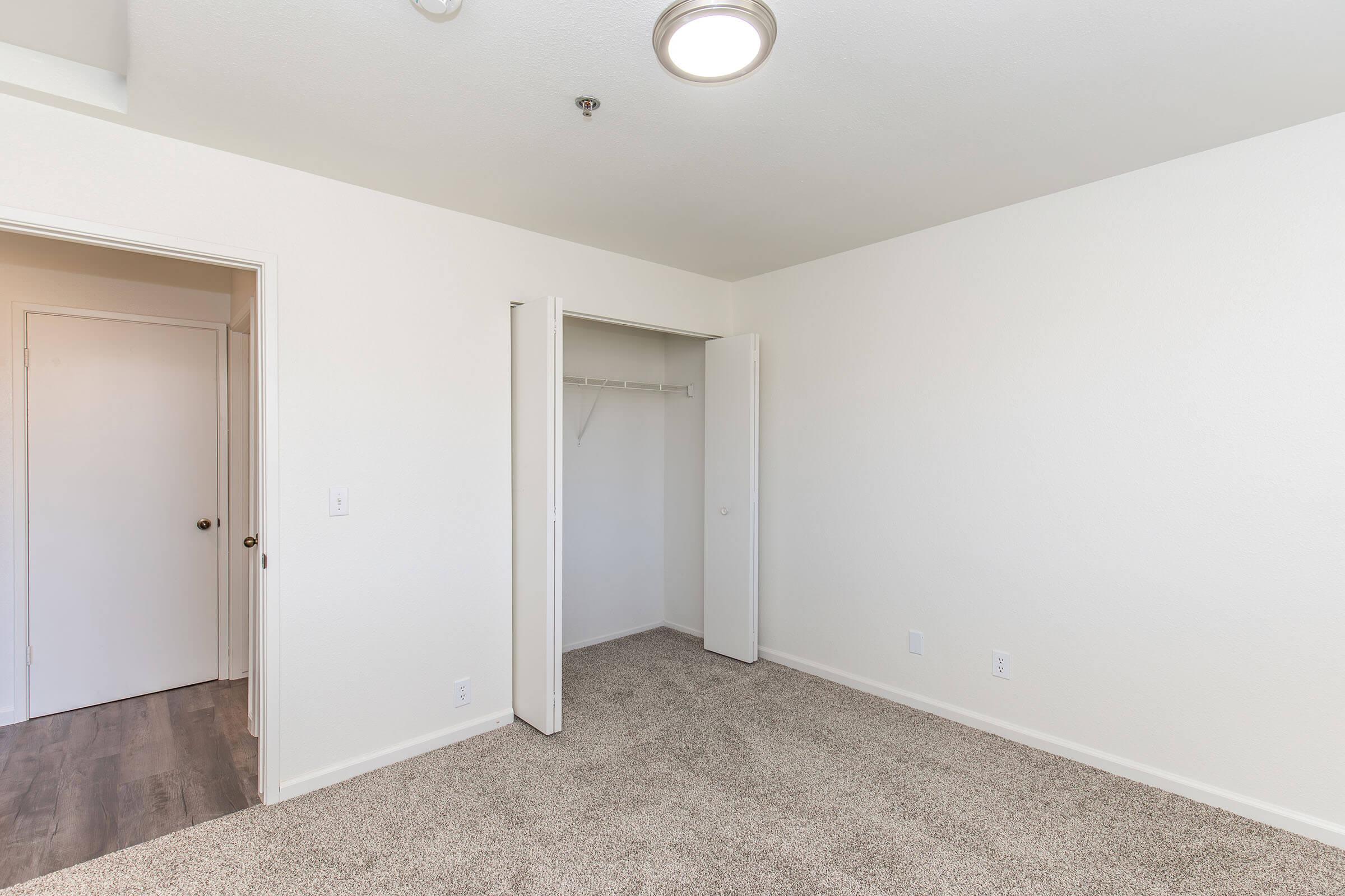 Empty room with light-colored walls and carpeted flooring. There is a closet with sliding doors on one side and a doorway leading to another room. The ceiling features a round light fixture, providing overhead lighting. The space appears clean and ready for furnishing.