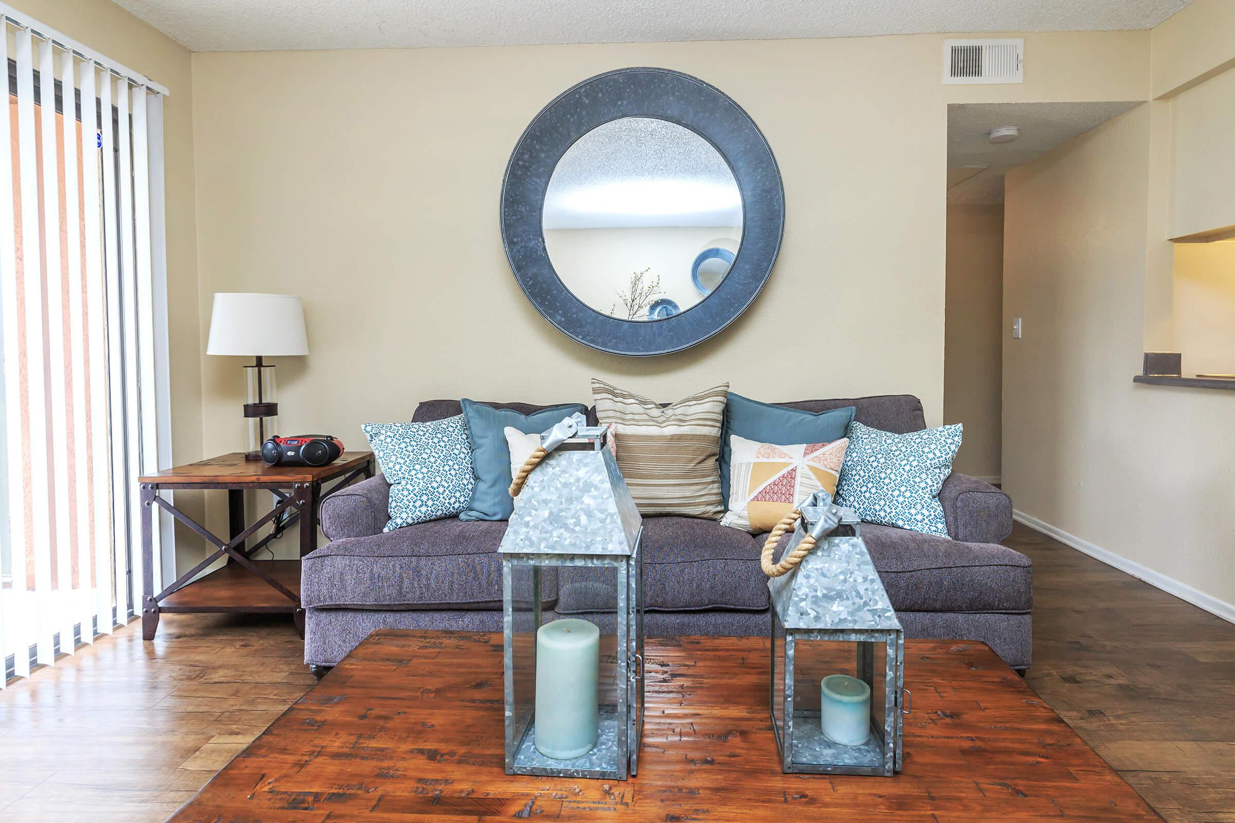 Living room with grey couches