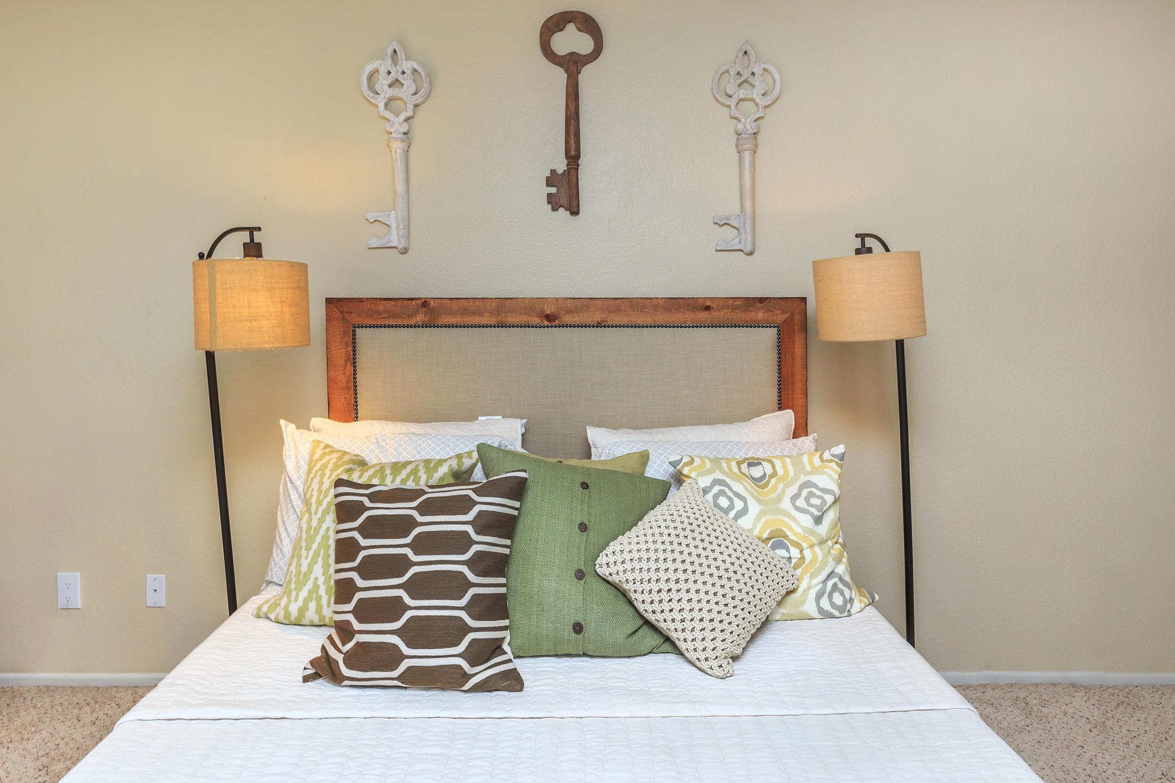 Bedroom with key decorations on the wall