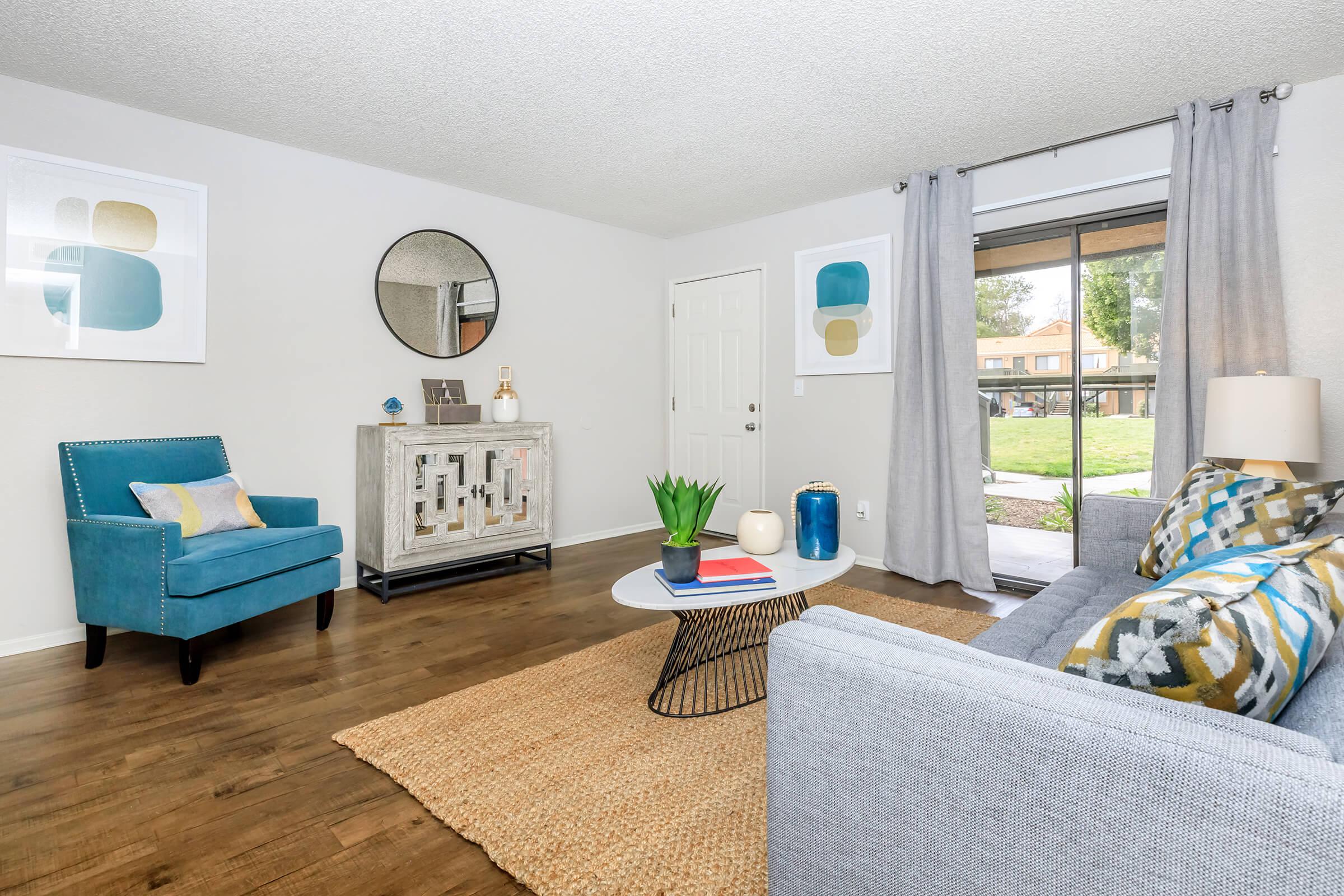 Furnished living room with a brown rug