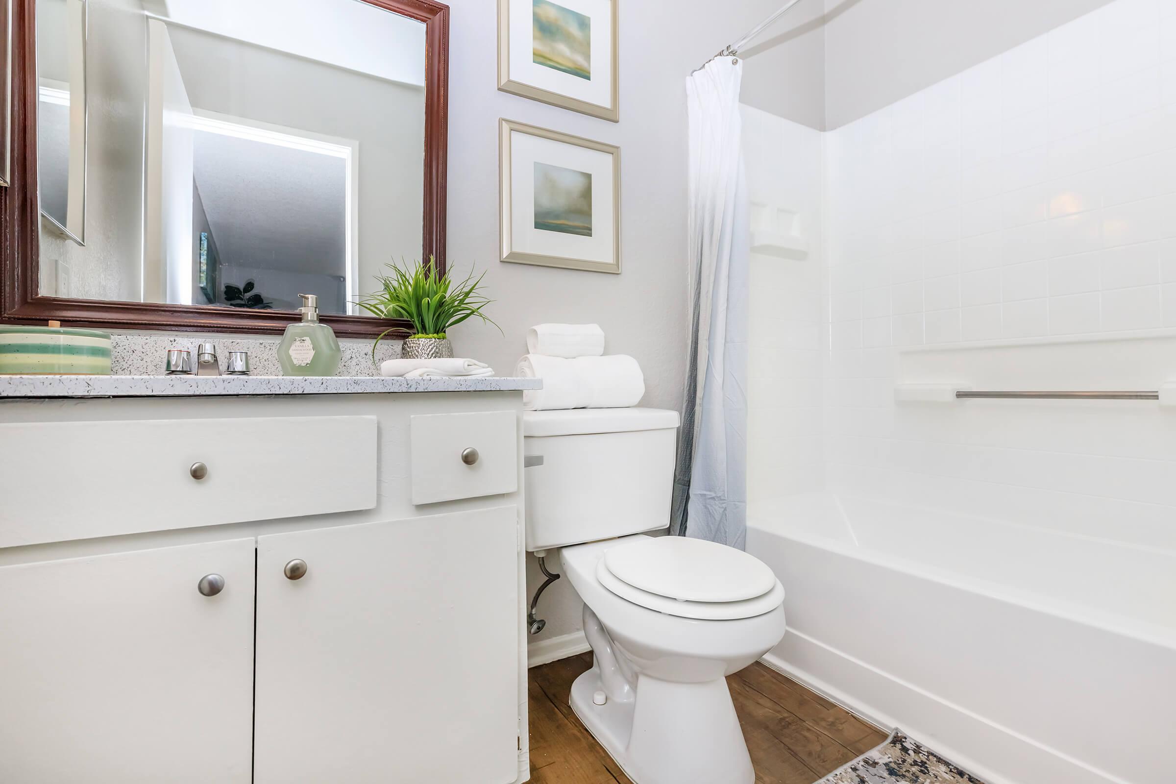 Furnished bathroom with green accents