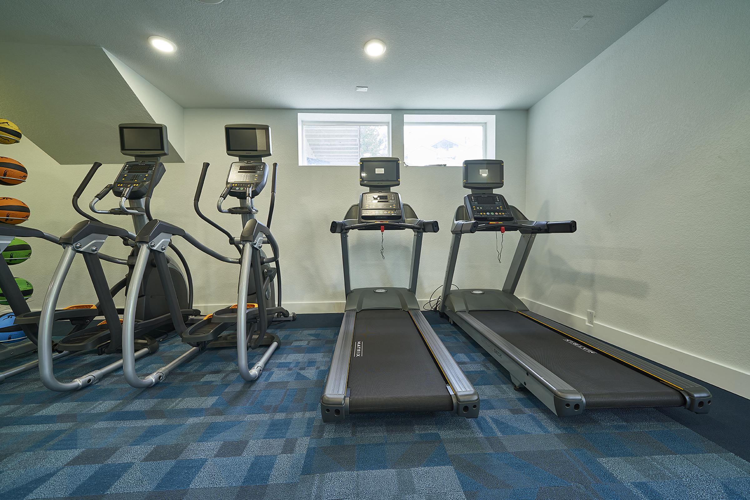 A fitness room featuring two treadmills and two elliptical machines. The equipment is arranged side by side on a blue patterned floor, with large windows allowing natural light. The walls are painted in a light color, and a few vibrant exercise balls are visible in the background.