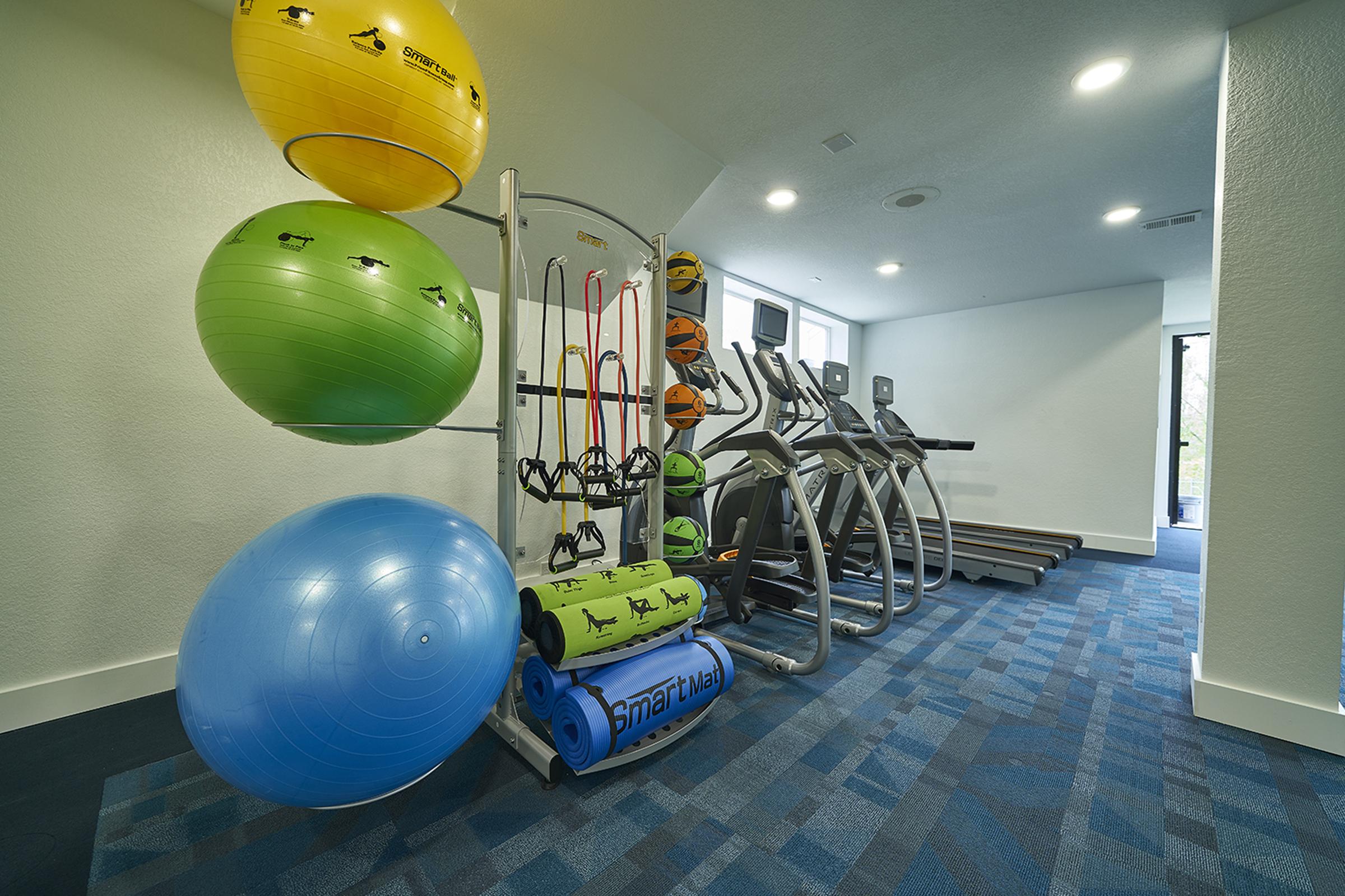 A well-equipped gym space featuring exercise balls in yellow, green, and blue, resistance bands, gym mats, and cardio machines such as treadmills. The interior design is modern, with a clean layout and blue and grey carpet. Suitable for various fitness activities and workouts.