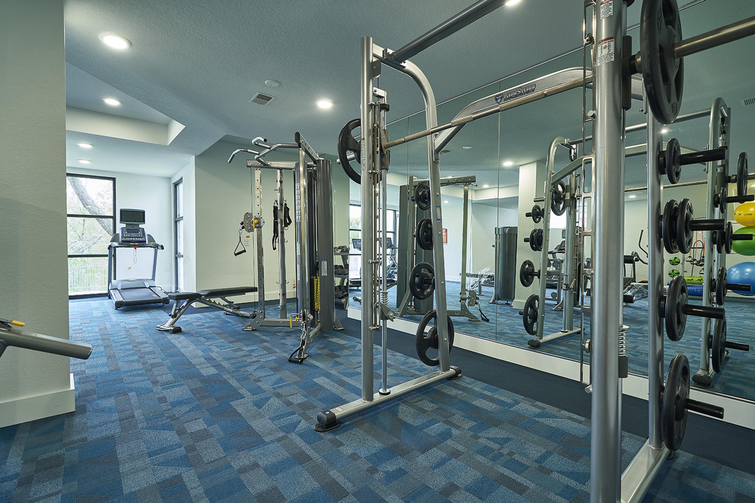 A modern gym interior featuring various exercise equipment. There are weight machines, free weights, a treadmill, and yoga balls. The space is well-lit with large windows and has a blue carpeted floor, creating a clean and inviting atmosphere for workouts.