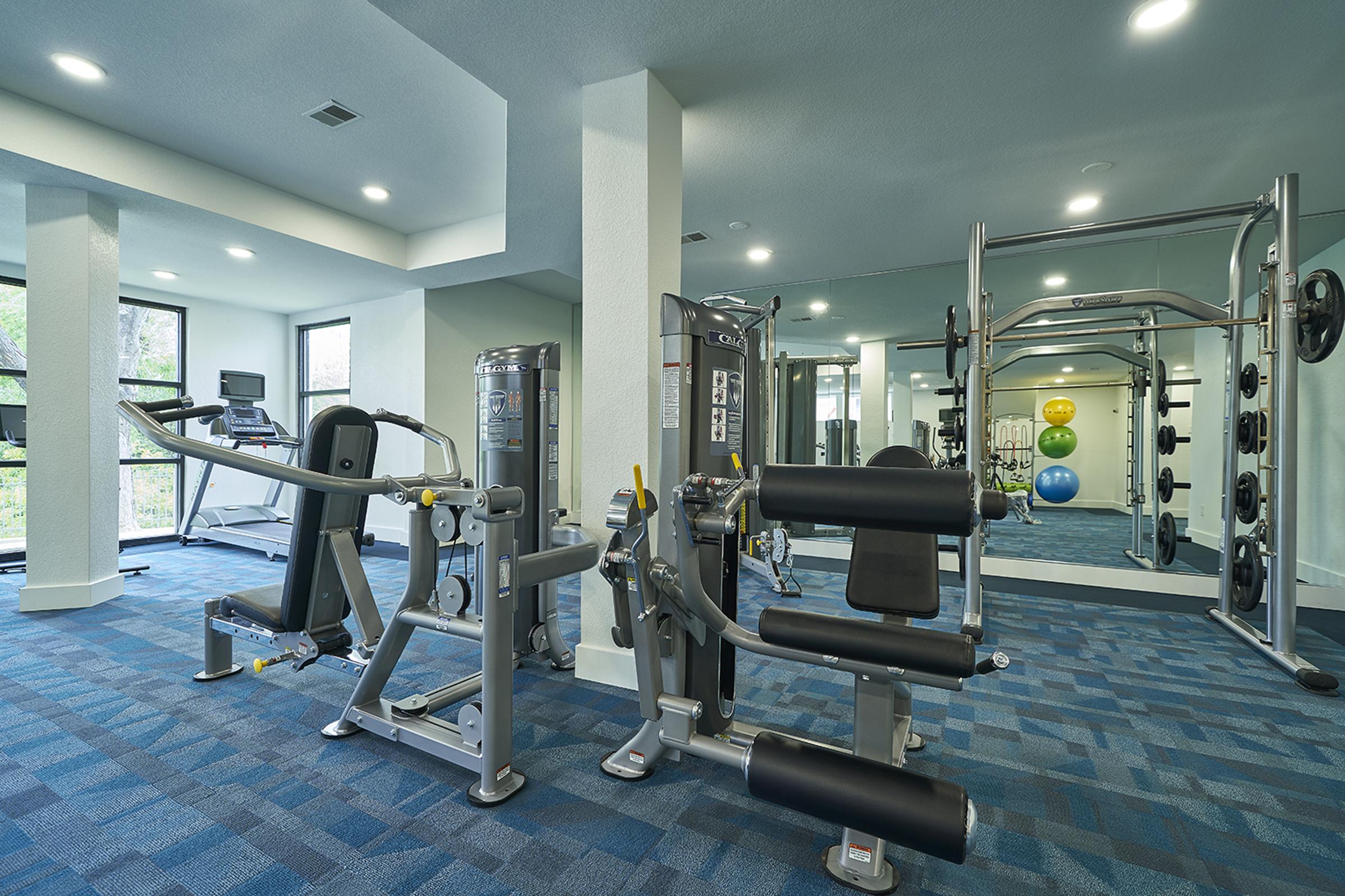 A well-equipped gym featuring various exercise machines, including a treadmill, weightlifting equipment, and adjustable benches. The space is bright and modern with large windows, mirrors, and colorful exercise balls arranged against the wall. The flooring is blue carpet, creating a spacious workout environment.