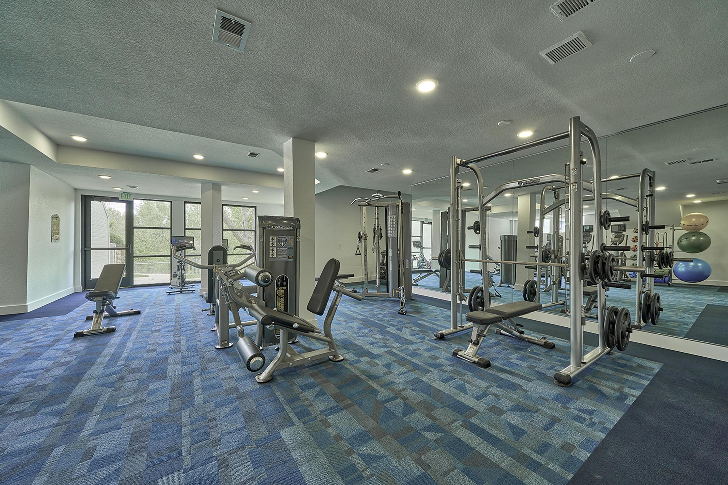 A bright and spacious gym area featuring various workout equipment, including weight machines and benches. The room has large windows allowing natural light to enter, and the floor is covered with blue carpet. Exercise balls are visible in the corner, creating a welcoming fitness environment.