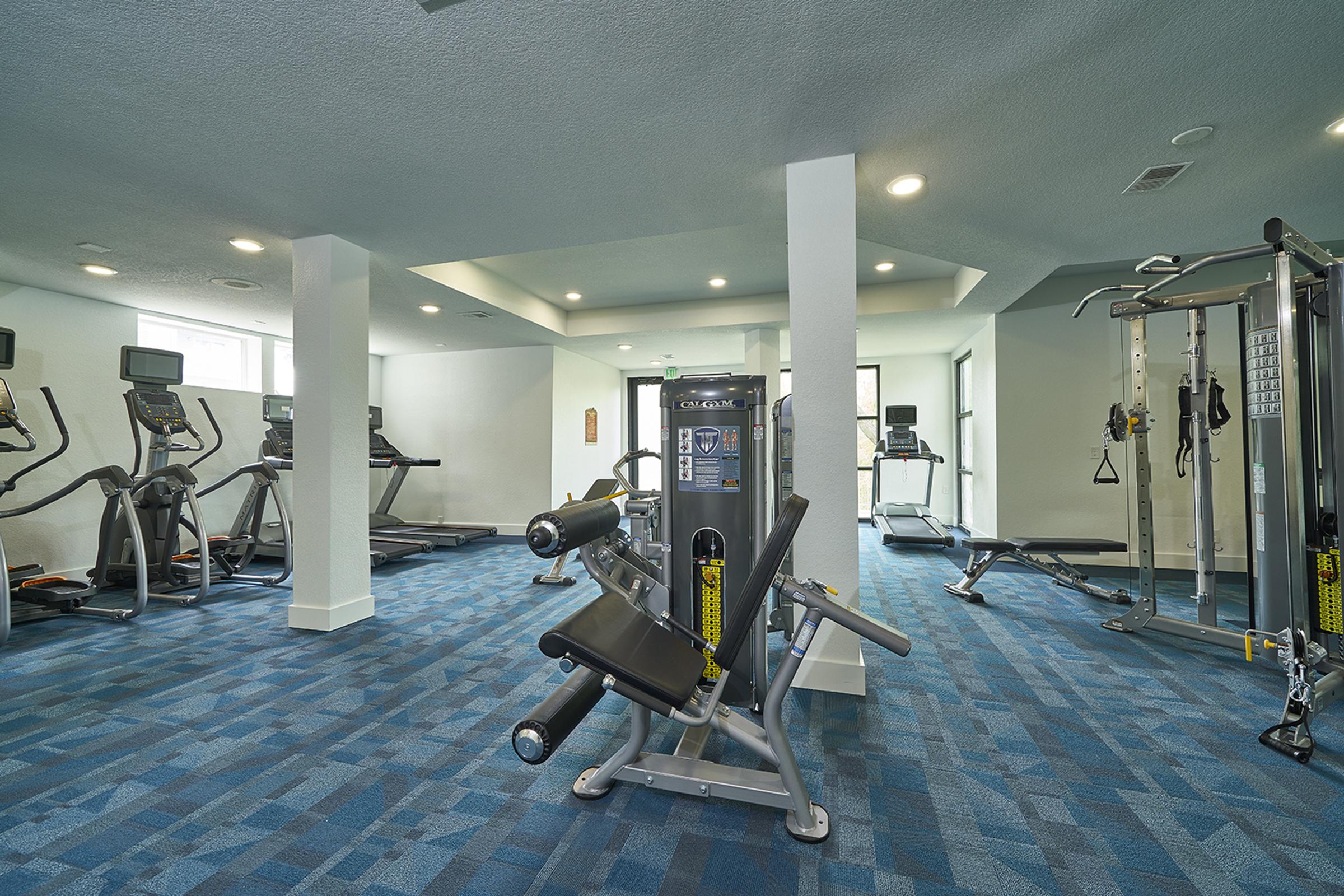A spacious gym area featuring various exercise equipment, including treadmills, an elliptical machine, and a multi-station cable machine. The floor is covered with blue carpet, and there are large windows allowing natural light to fill the room. The walls are painted in a light color.