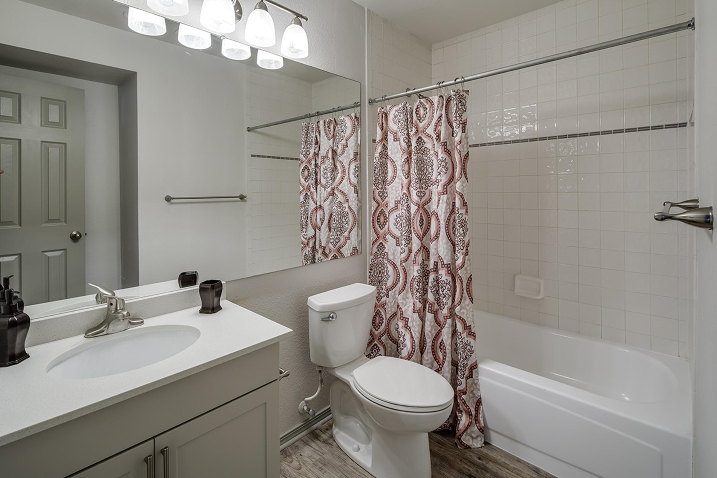 A modern bathroom featuring a bathtub and shower combination, a white sink with a gray vanity, a decorative red and white shower curtain, and a wall-mounted mirror. Soft lighting is provided by a fixture with multiple bulbs. The floor has a wood-like appearance, and a gray door is visible in the background.