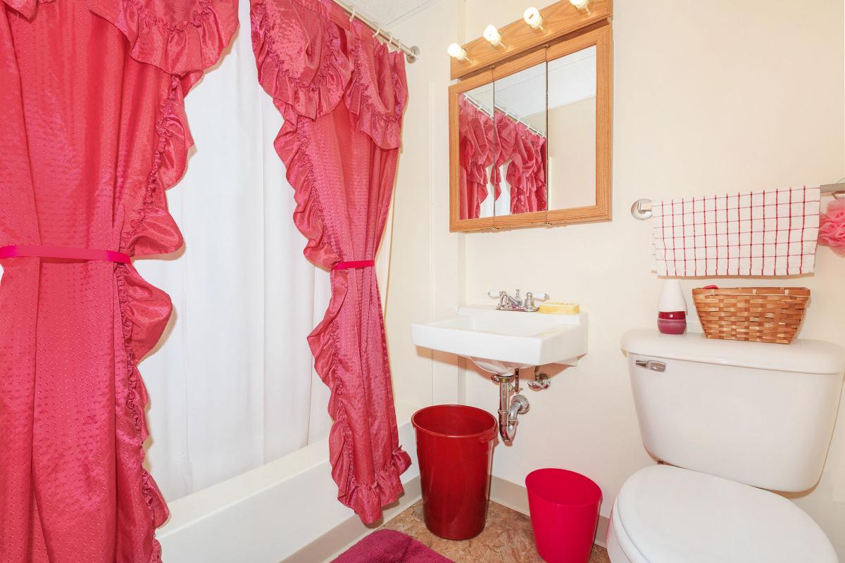 a red and white shower curtain