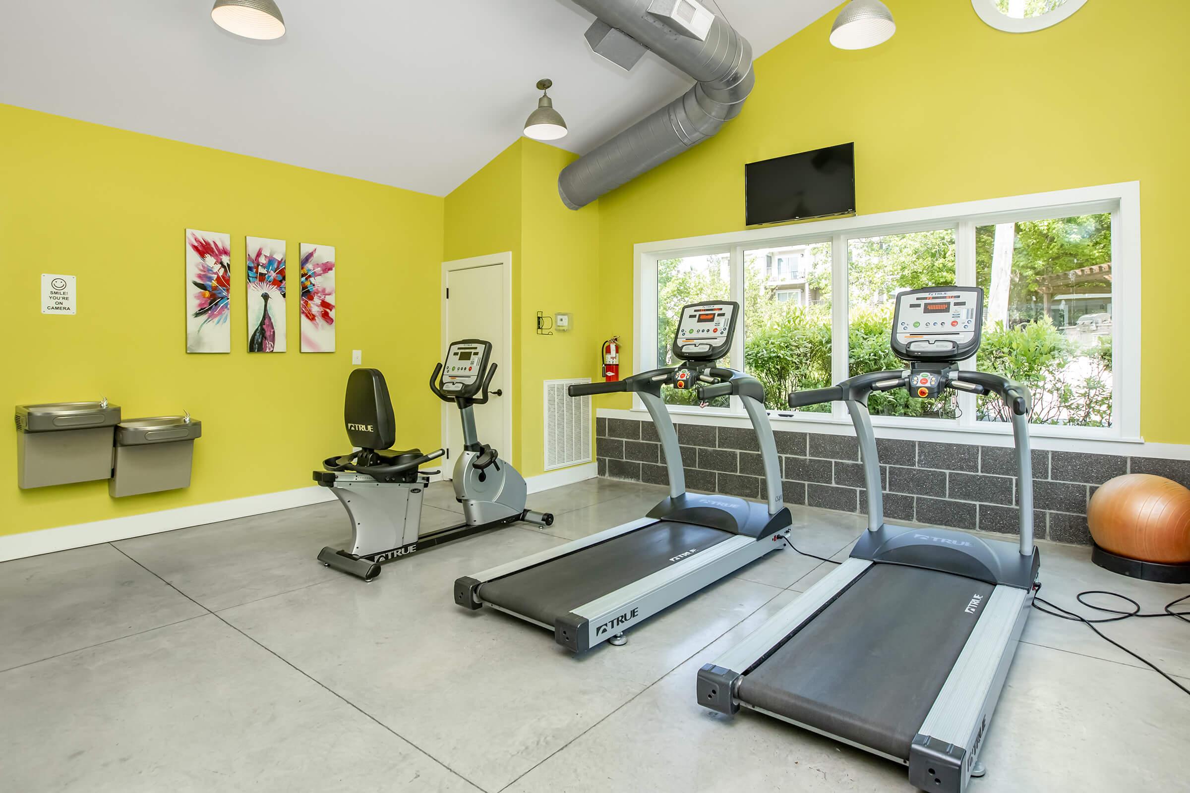 Fitness room featuring exercise equipment including two treadmills and a stationary bike. The walls are painted bright yellow, and there are colorful artworks on the wall. A water fountain and a television are visible, along with large windows allowing natural light into the space.