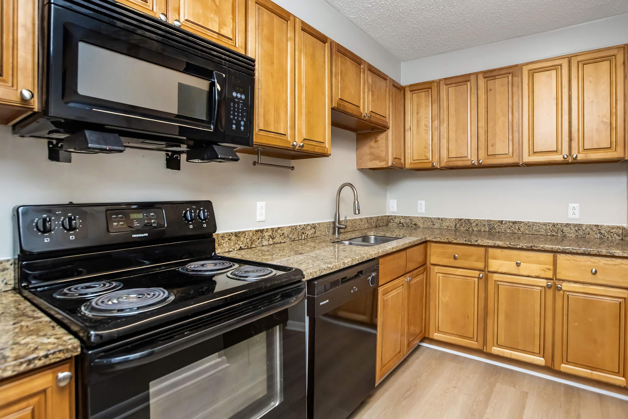 Modern kitchen featuring wooden cabinets, a black stove and oven, a built-in microwave, and a stainless steel dishwasher. The countertop is made of granite, and there is a single sink with a sleek faucet. The walls are a light color, creating a bright and inviting atmosphere.