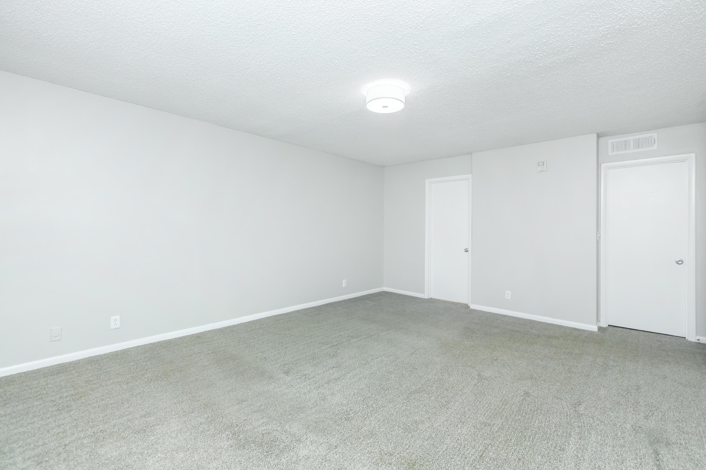 Empty room with light gray walls and a textured ceiling. The floor is covered with light gray carpet. There is a circular ceiling light fixture. Two doors are visible, one leading to a closet and the other to a separate area. The overall atmosphere is bright and minimalistic, suitable for various interior design options.