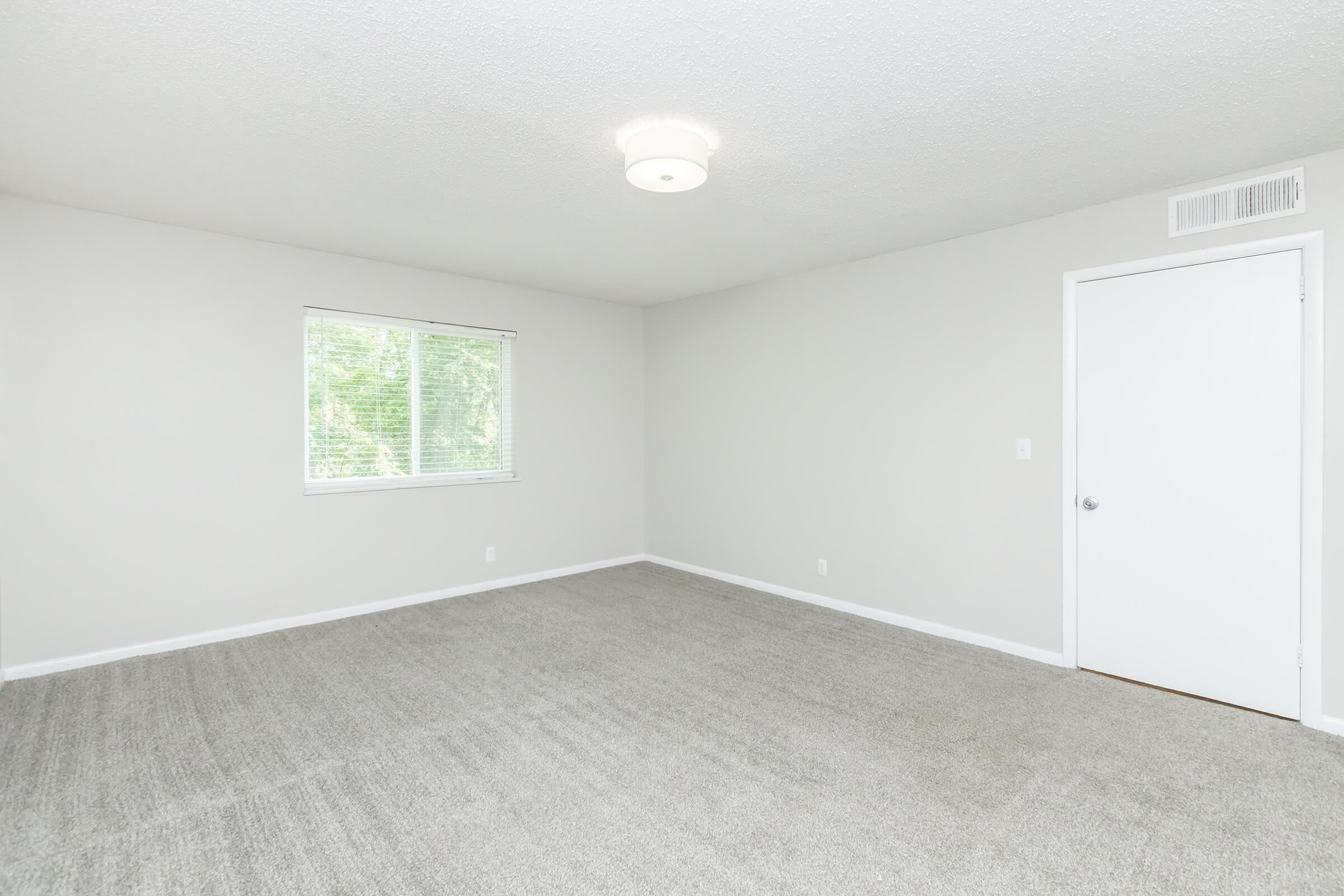 A spacious, empty room featuring gray carpet flooring, light gray walls, a ceiling light fixture, a single window with blinds allowing natural light, and a white door. The room is clean and uncluttered, suggesting it is ready for new furnishings or decoration.