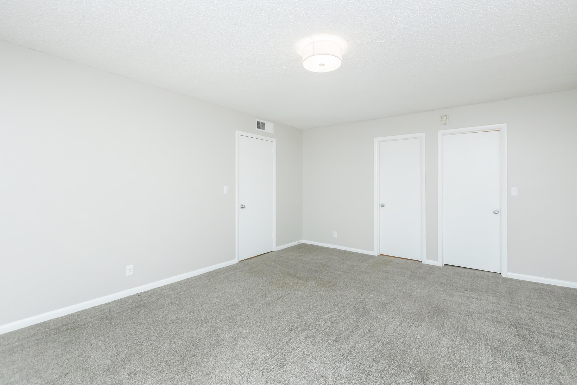 An empty room with light gray walls and carpeted flooring. The room features a ceiling light fixture and has two white doors on the right side. There are no furnishings or decorations, giving it a spacious and minimalist appearance.