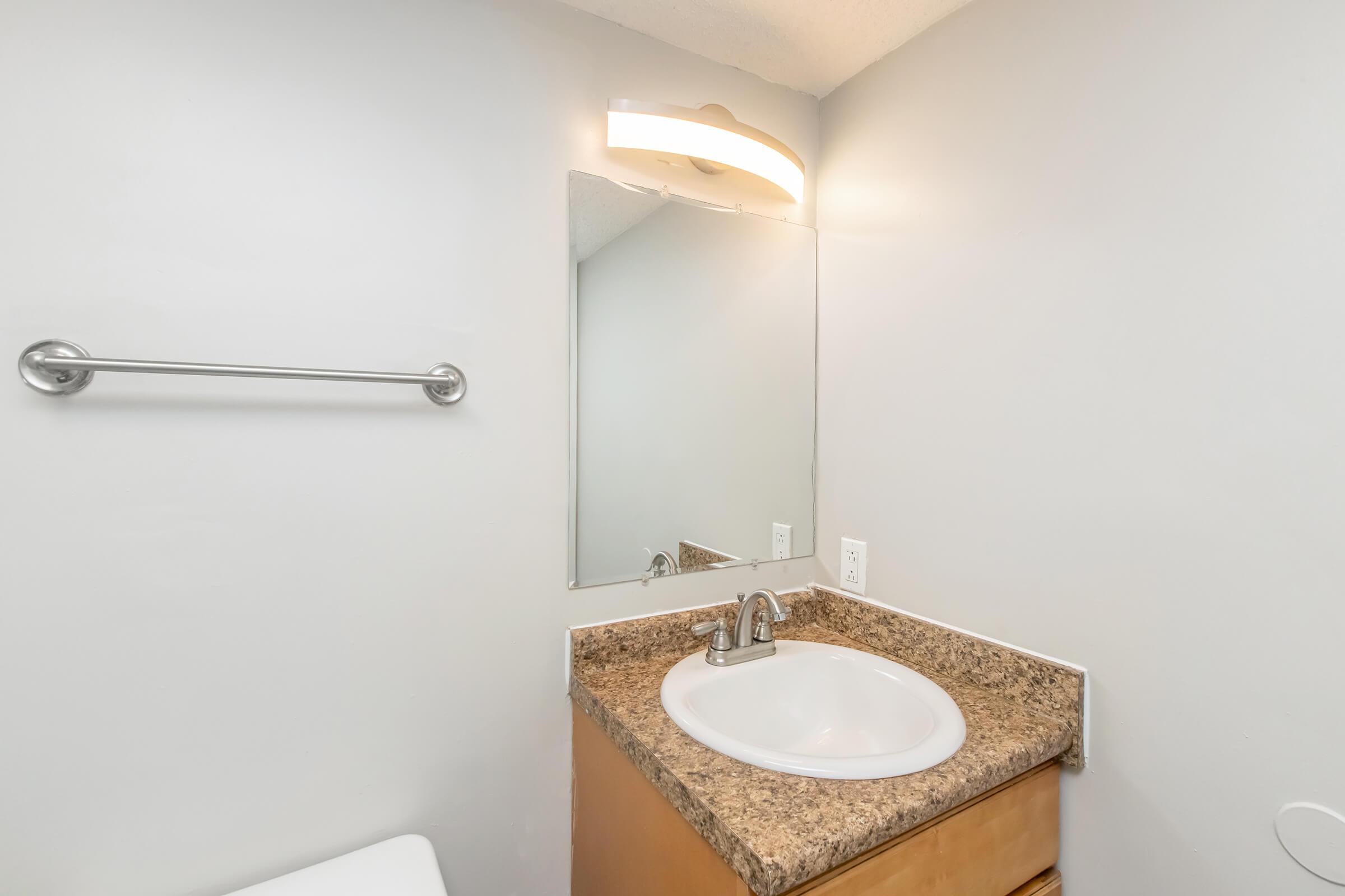 A well-lit bathroom featuring a wooden cabinet with a circular sink, a mirror above the sink, and a towel bar on the wall. The walls are painted a light gray, and the countertop is made of granite. The overall design is simple and modern.
