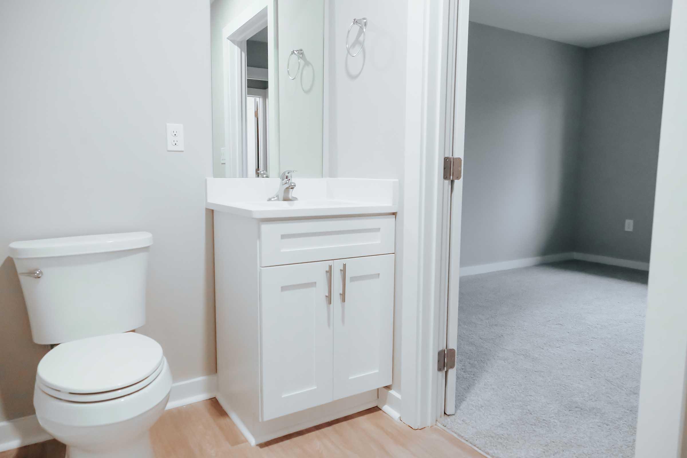 A clean and modern bathroom featuring a white toilet, a vanity with a sink and storage, and a mirror above the sink. The walls are painted light gray, and a doorway leads to a carpeted room beyond.