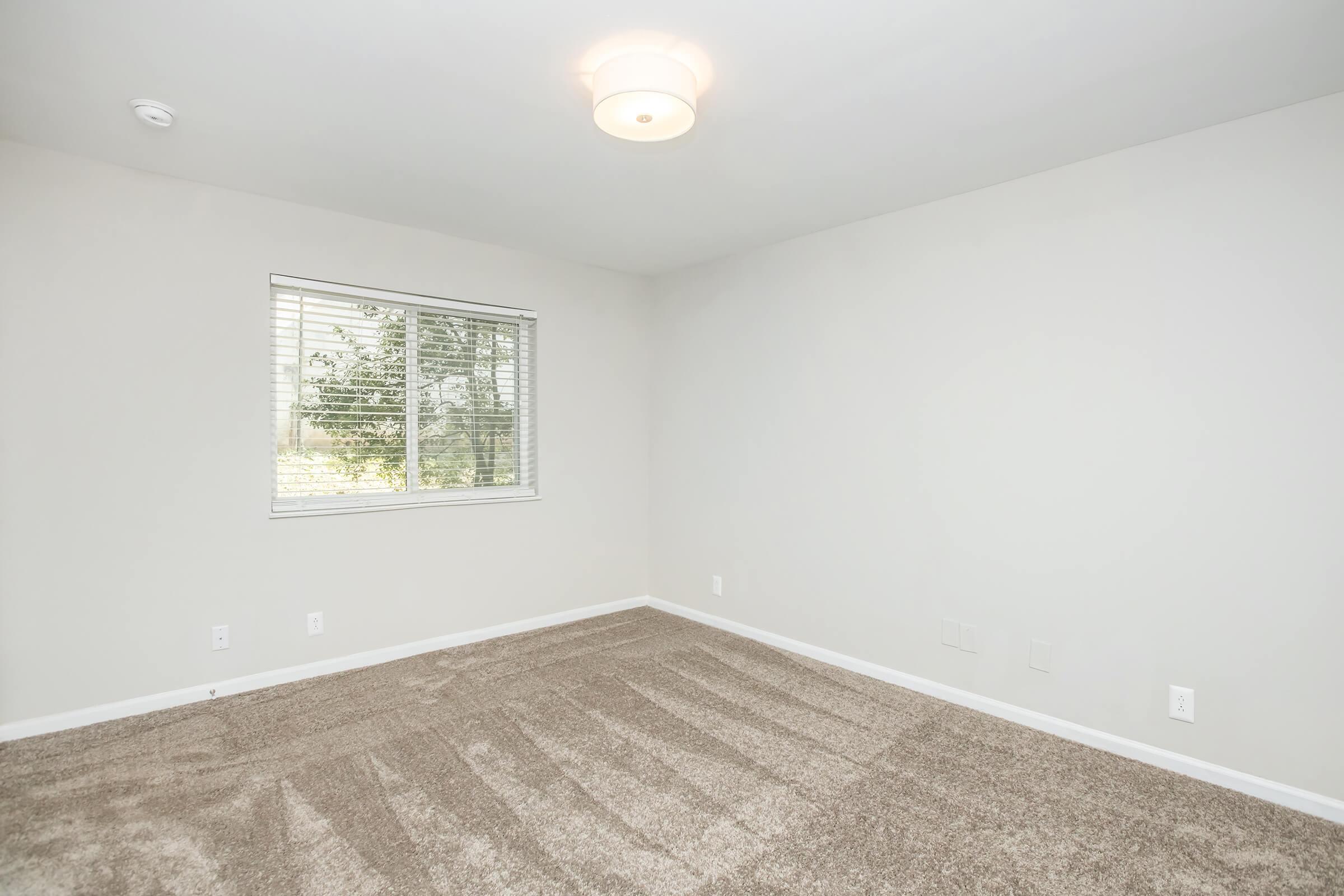 A spacious, empty room with light gray walls and a beige carpet. A window with blinds allows natural light to enter, and a modern ceiling light fixture is present. The room appears clean and well-maintained, suitable for various uses such as a bedroom or office space.