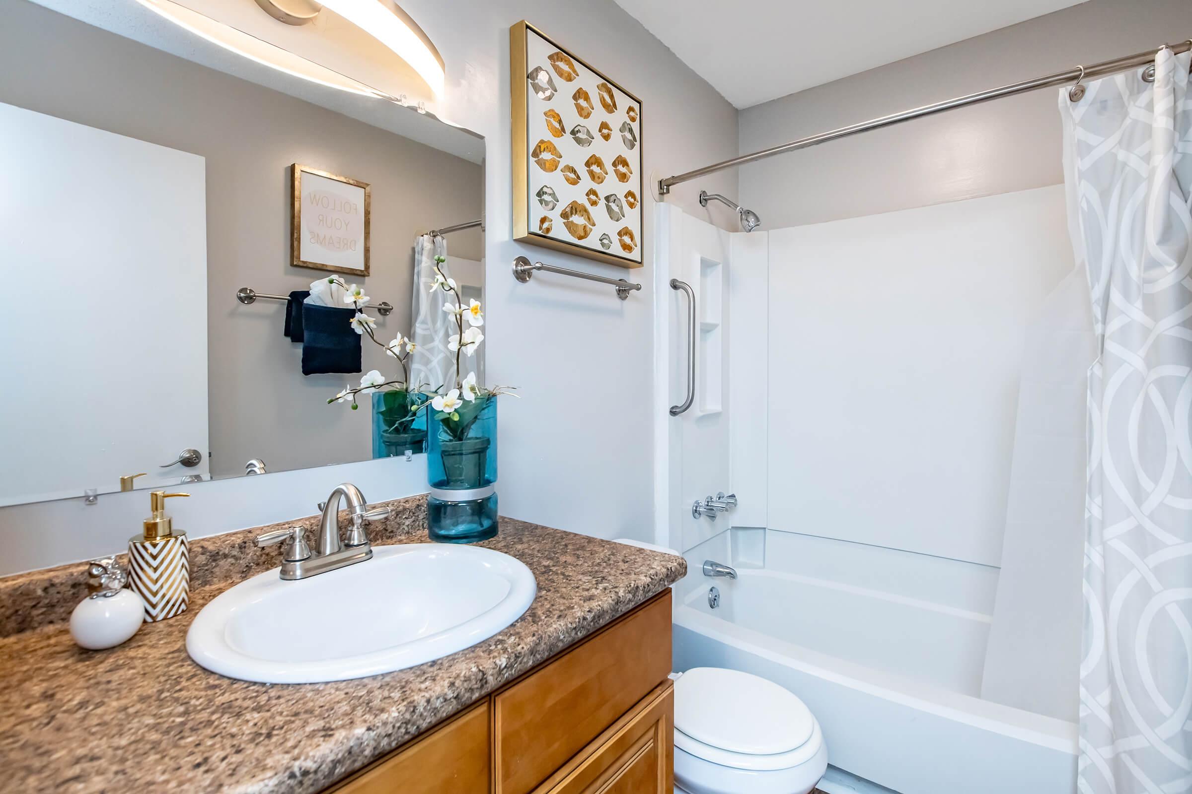 A modern bathroom featuring a granite countertop with a sink, a small vase with flowers, and decorative items. The wall has a framed artwork and a mirror. The bathtub area is enclosed with a shower curtain, and there is a toilet beside it. The color scheme includes neutral tones with a clean, airy feel.