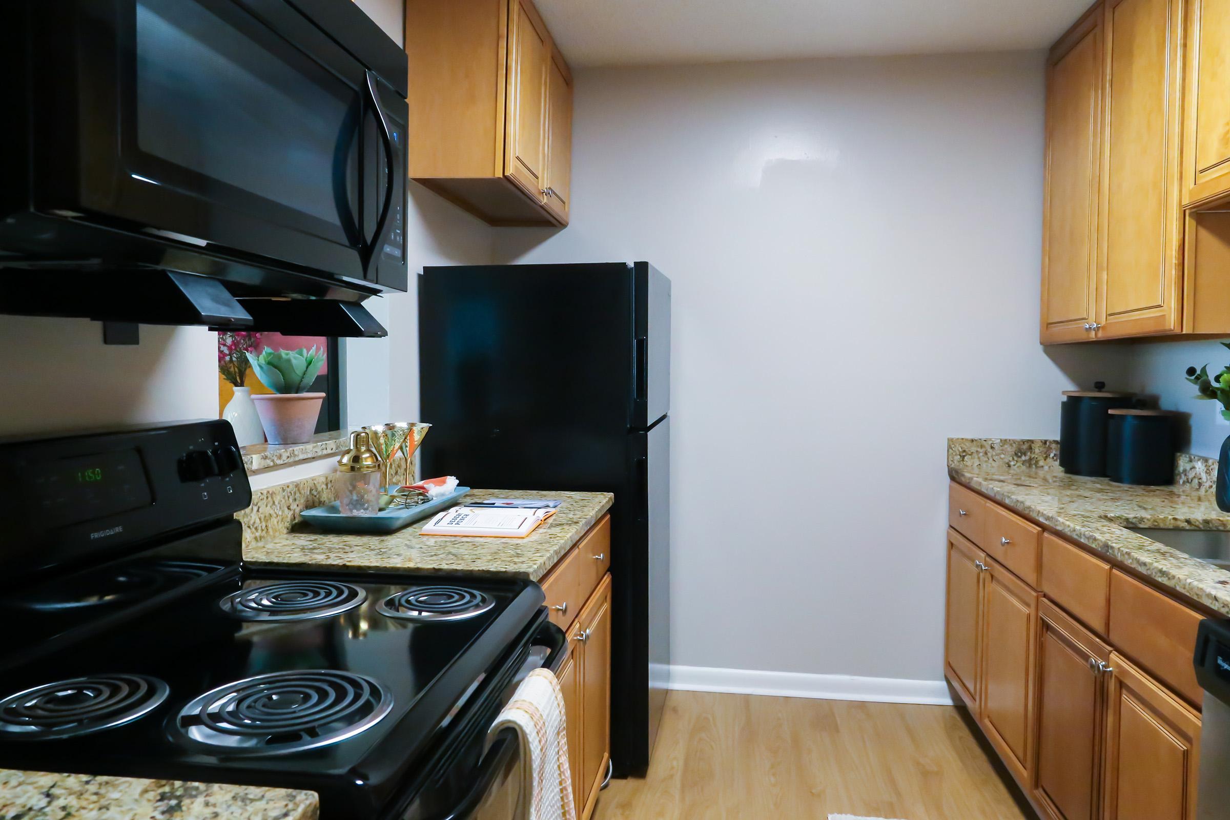A small kitchen interior featuring wooden cabinets, granite countertops, a black refrigerator, a black microwave, and a stovetop. The space is well-organized with kitchen utensils and a small decorative plant on the counter, showcasing a clean and functional design.