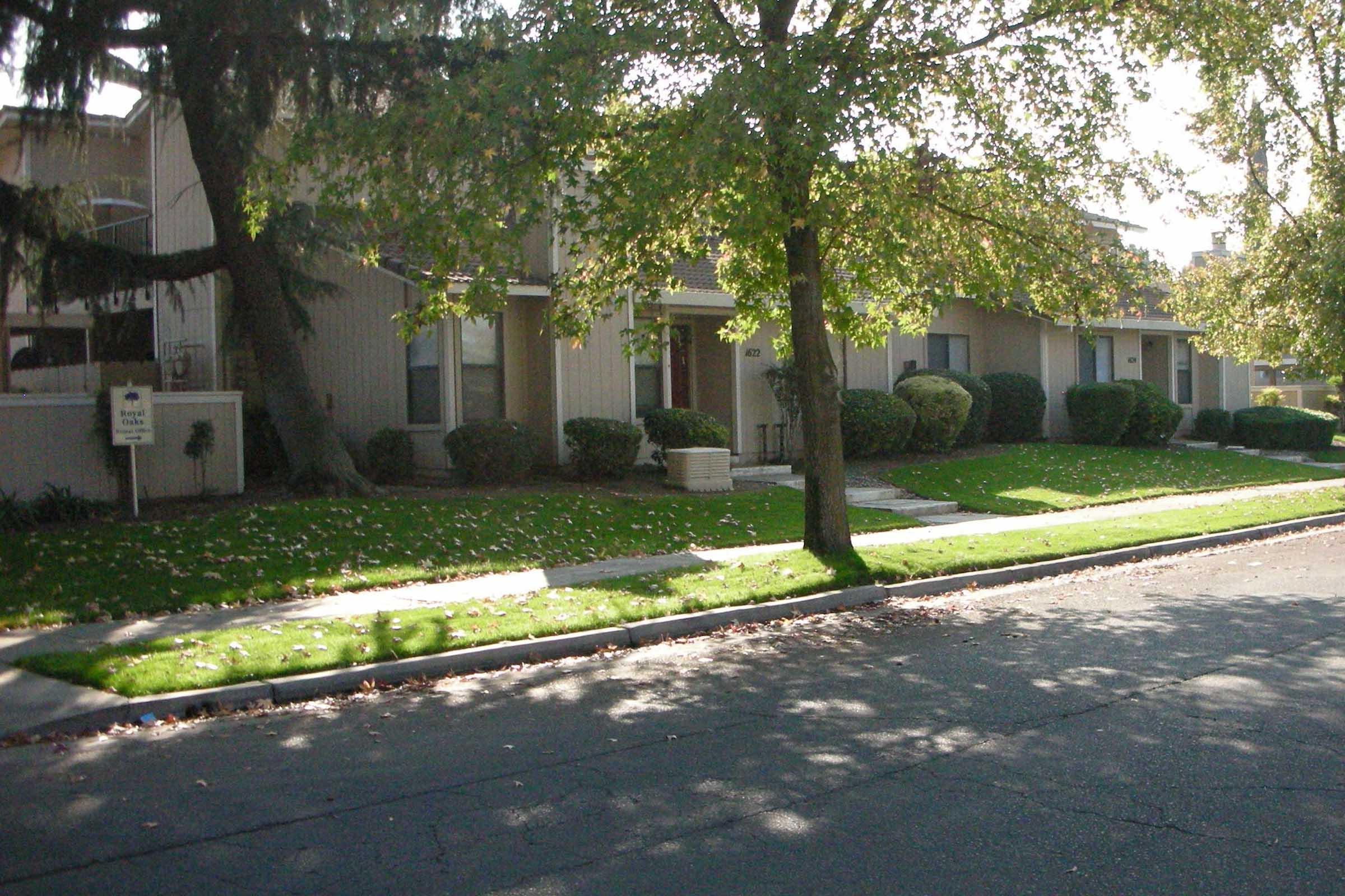Rows of beige townhouses lined along a tree-shaded street. Lush green lawns with some fallen leaves, and neatly maintained shrubs flank paths leading to front doors. Sunny day with clear skies, creating a warm and inviting atmosphere.