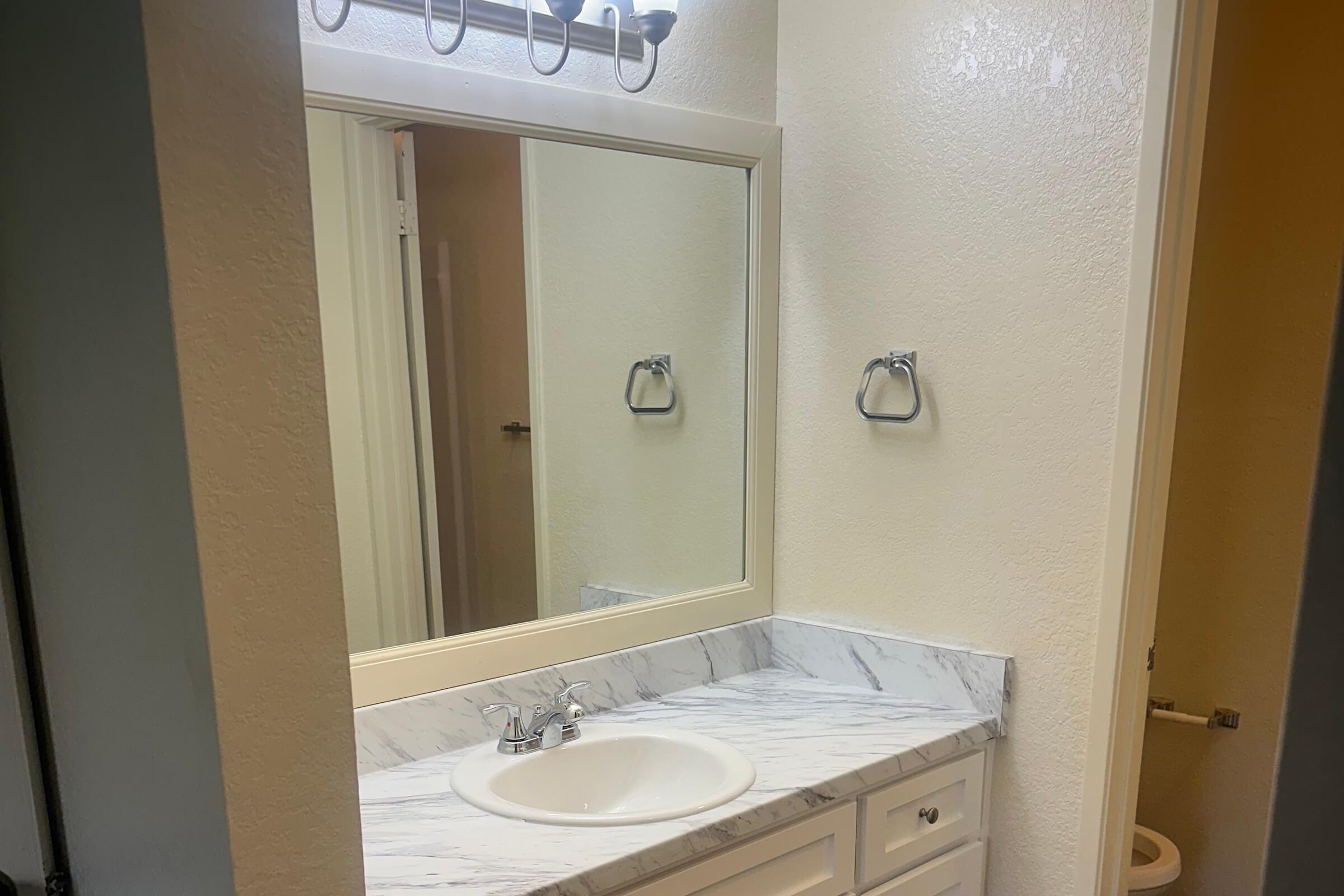 A well-lit bathroom featuring a marble countertop with a sink, a large mirror above it, and towel rings on the wall. The walls are painted in a light color, and there is a glimpse of a door leading to another area of the bathroom in the background.