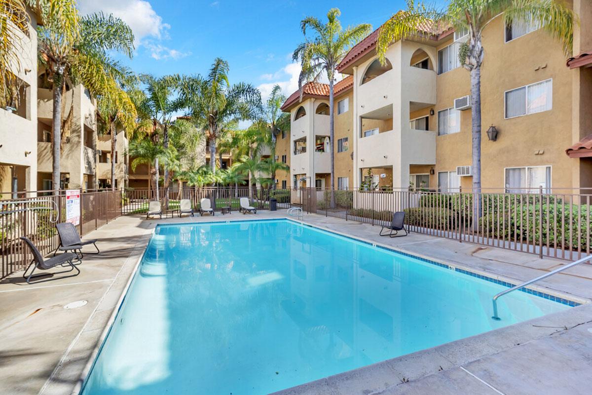 A serene swimming pool surrounded by greenery and palm trees, with several lounge chairs lined up nearby. The backdrop features an apartment complex with balconies and large windows, under a clear blue sky. The scene conveys a relaxing outdoor atmosphere perfect for leisure.