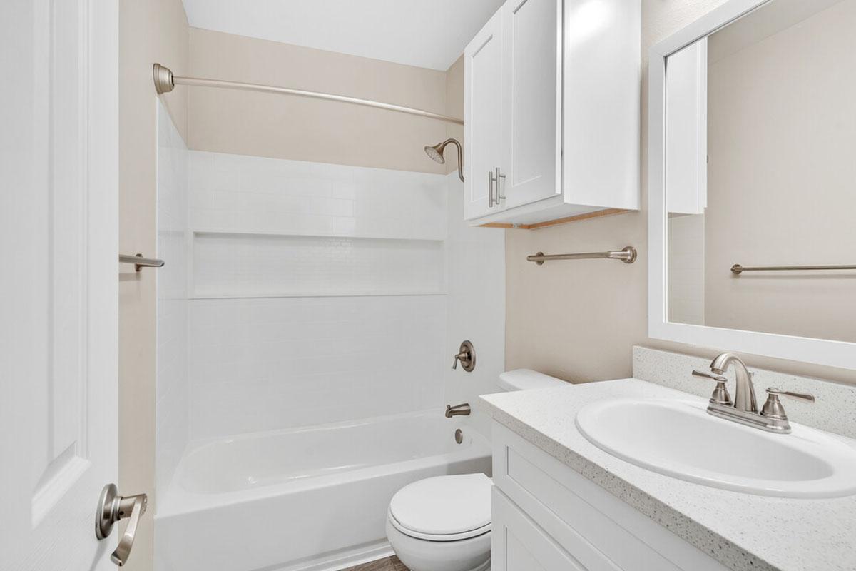A modern bathroom featuring a white bathtub with a shower, light-colored walls, a vanity with a sink, and a large mirror. The space is equipped with polished chrome fixtures and has a clean, minimalist design.