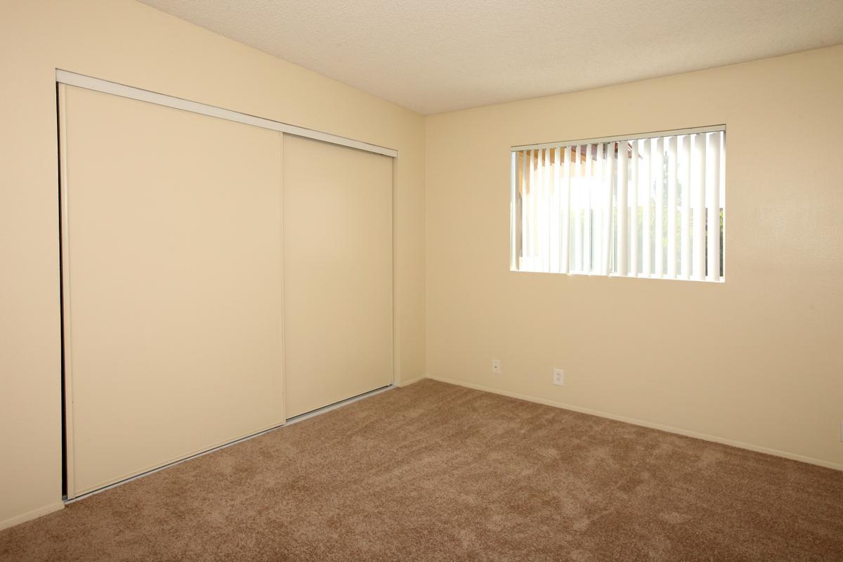 Empty room with light beige walls and carpet. There is a window with vertical blinds on the right side and sliding closet doors on the left. The room has a simple and clean appearance, ideal for various uses such as a bedroom or office space. Natural light comes in through the window.