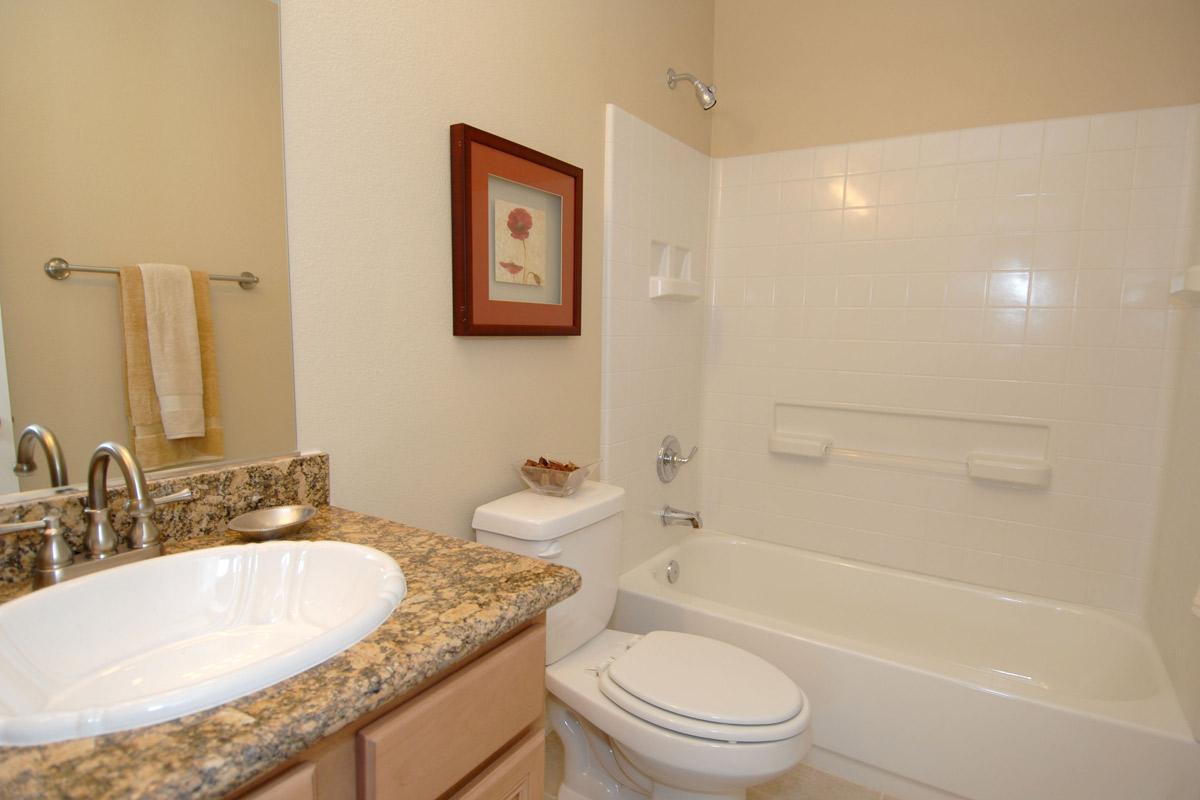 A clean and modern bathroom featuring a white bathtub with a shower, beige walls, and a granite countertop. There is a framed floral picture on the wall, a hand towel hanging on a bar, and various toiletries on the counter. The overall design is simple and elegant.