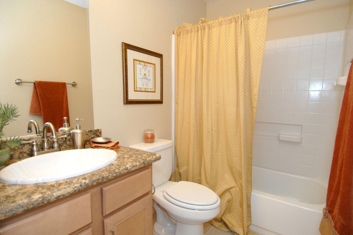 A clean and well-organized bathroom featuring a white bathtub with a shower curtain, a sink with a granite countertop, and a toilet. The walls are painted a soft color, and there are decorative elements such as a framed picture and orange towels.