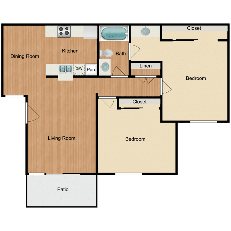 Plan C, a 2 bedroom 1 bathroom floor plan.