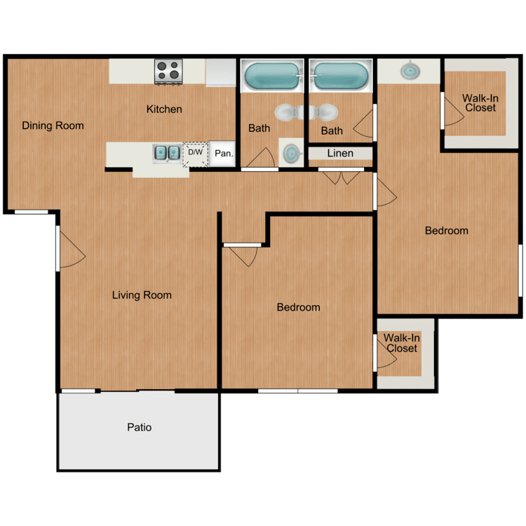 Plan D, a 2 bedroom 2 bathroom floor plan.