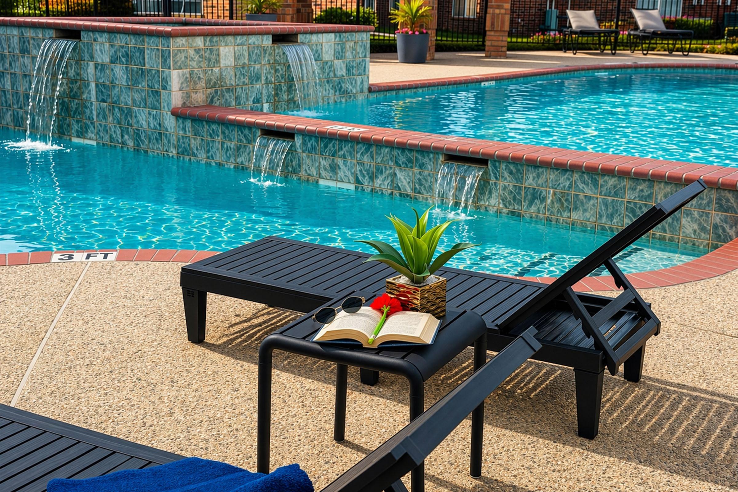 A serene pool area featuring two black lounge chairs beside a sparkling blue pool. A small table holds an open book, a decorative plant, and a pair of sunglasses. The pool has a textured stone edge and two gentle waterfalls, with lush greenery and seating areas in the background.