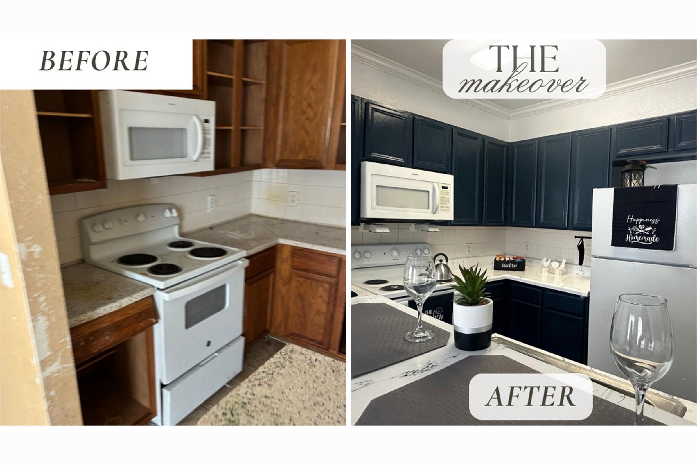 Side-by-side comparison of a kitchen renovation. The left side shows a dated kitchen with brown cabinets and a white stove; the right side showcases a modern makeover with navy blue cabinets, white countertops, and decor elements like plants and glassware, emphasizing a fresh, updated look.