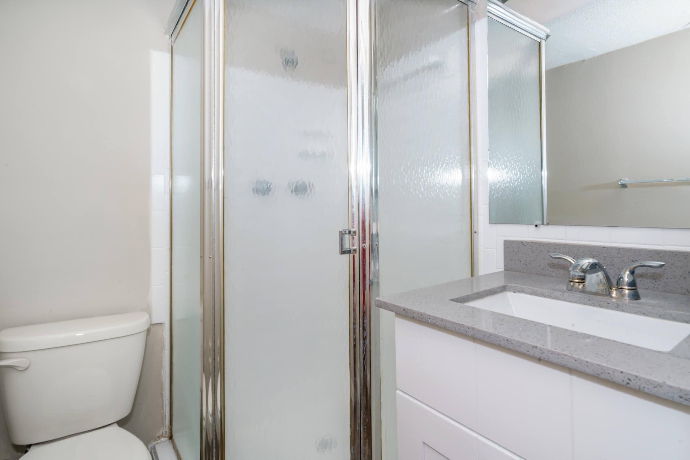 A modern bathroom featuring a glass shower enclosure, a white toilet, and a sink with a gray countertop. The walls are neutral-colored, and there is a mirror above the sink.