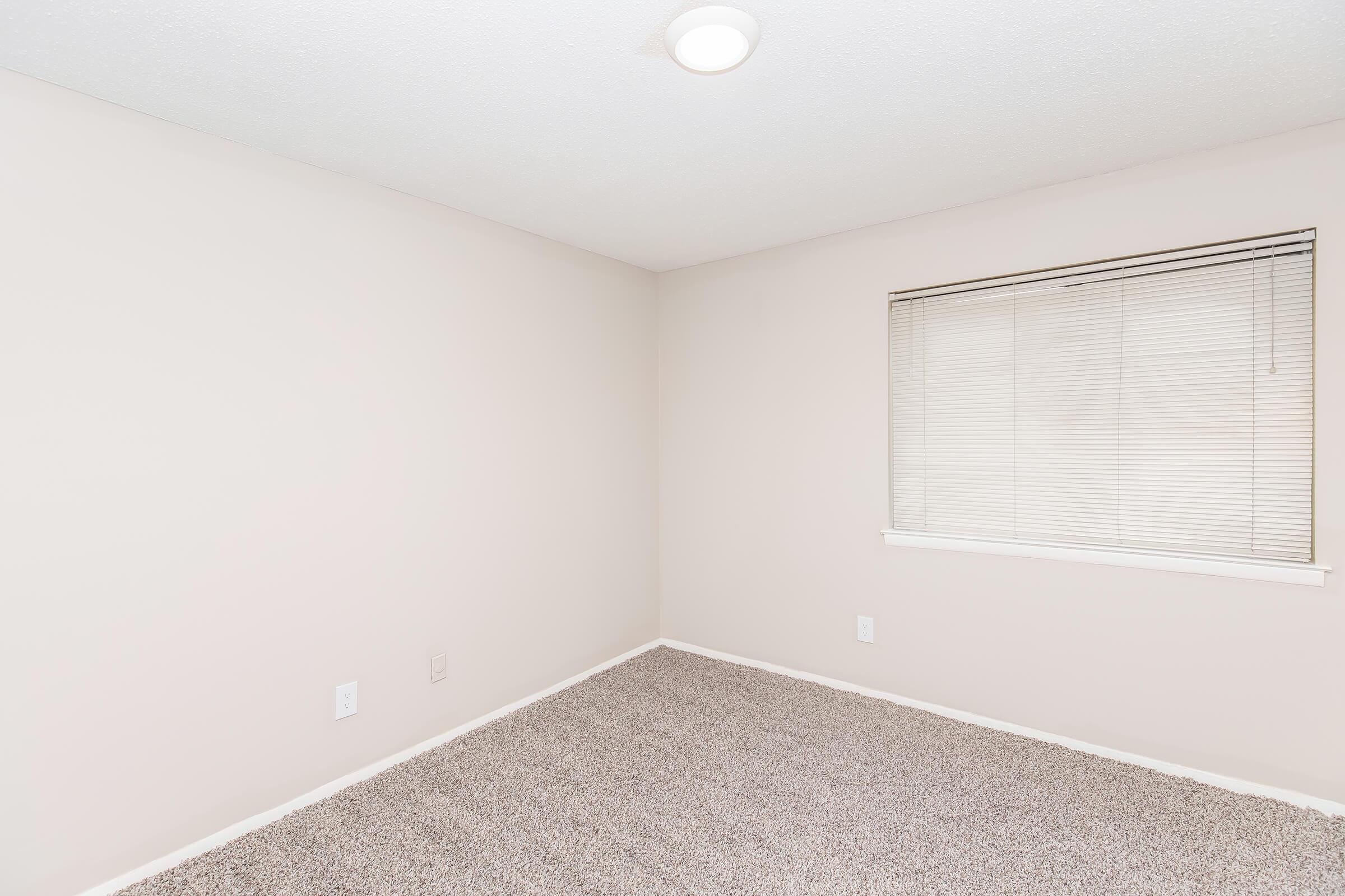 Empty room with light beige walls, a window dressed with blinds, and a light fixture on the ceiling. The floor is covered with a light-colored carpet, creating a simple and clean aesthetic.