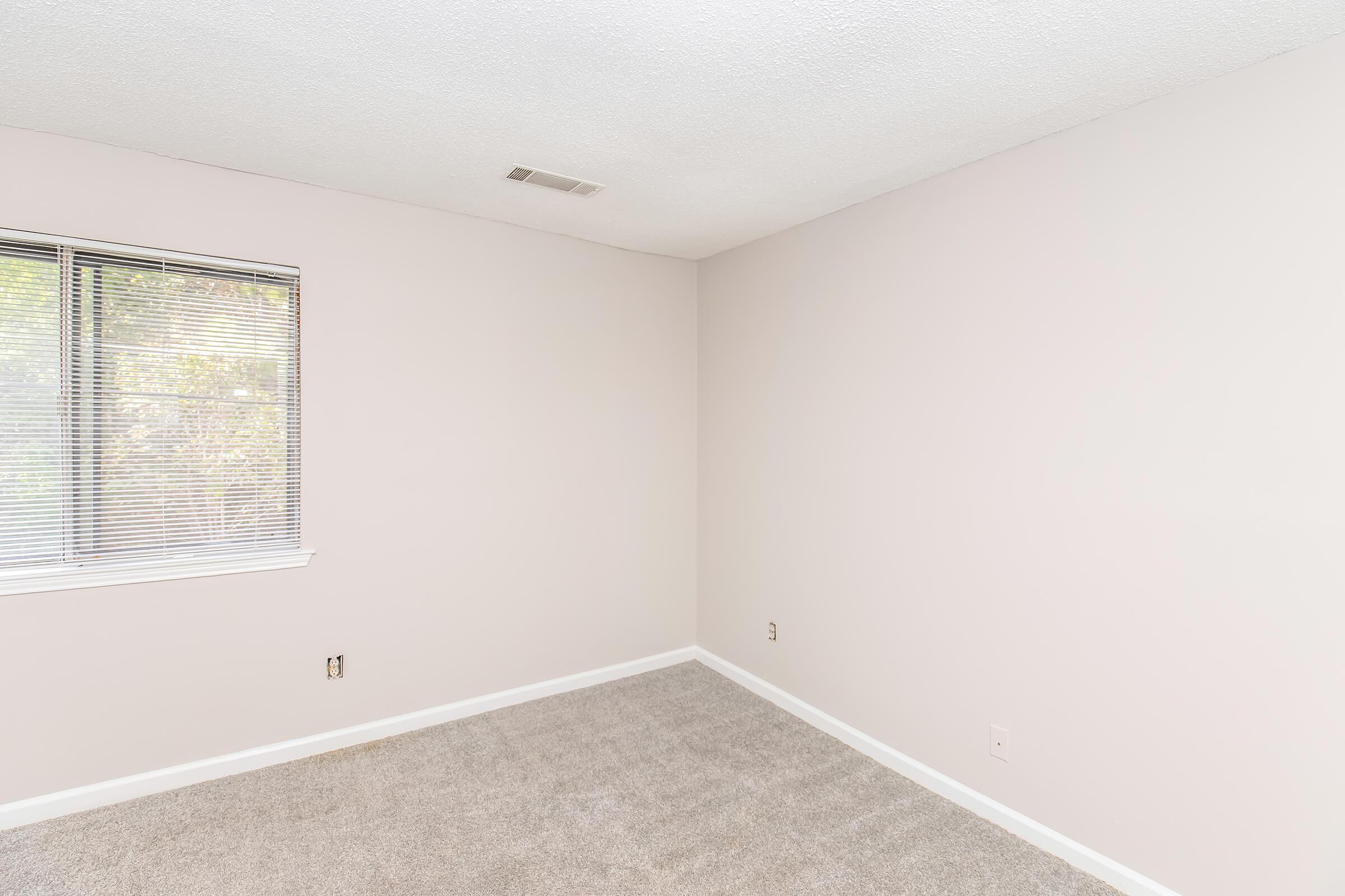 Empty room with light beige walls and a window featuring blinds. The carpet is a soft, neutral color. The space is well-lit, creating a bright and airy feel. There are no furnishings or decorations, emphasizing the room's openness and potential for personalization.