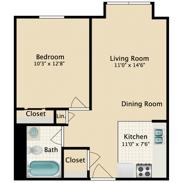 1 Bed 1 Bath floor plan image