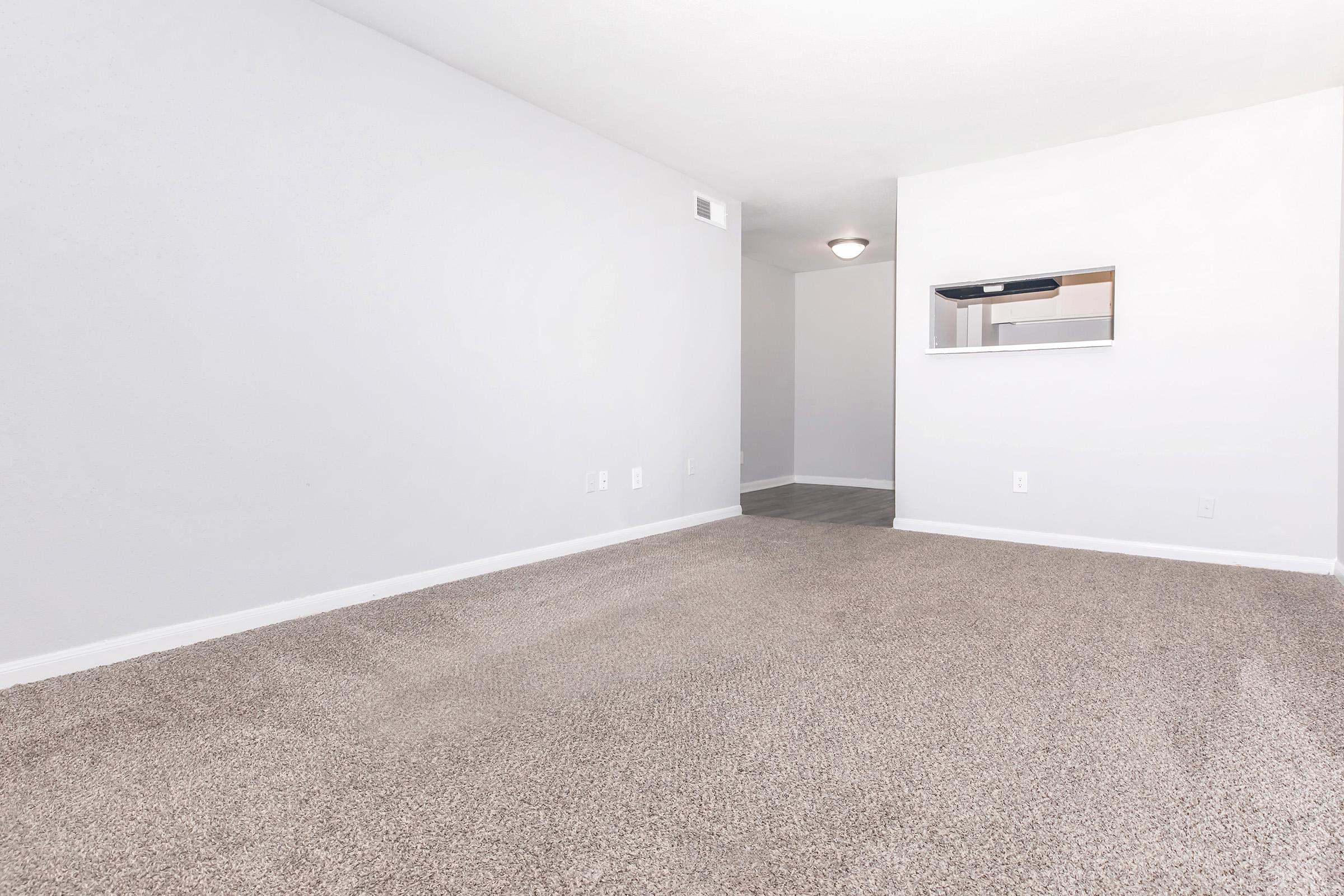 Spacious, empty room with light gray walls and carpeted flooring. A small opening in the far wall leads to another area, possibly a kitchen or hallway. The overall atmosphere is bright and neutral, ideal for a living space or office setup.