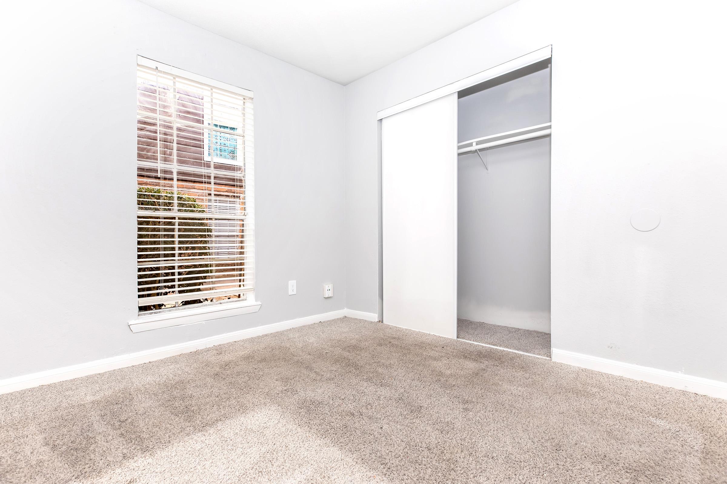A bright, empty room with light gray walls and carpet. It features a window with white blinds letting in natural light, and a mirrored sliding closet door on the right. The space is clean and uncluttered, suitable for furniture arrangement.