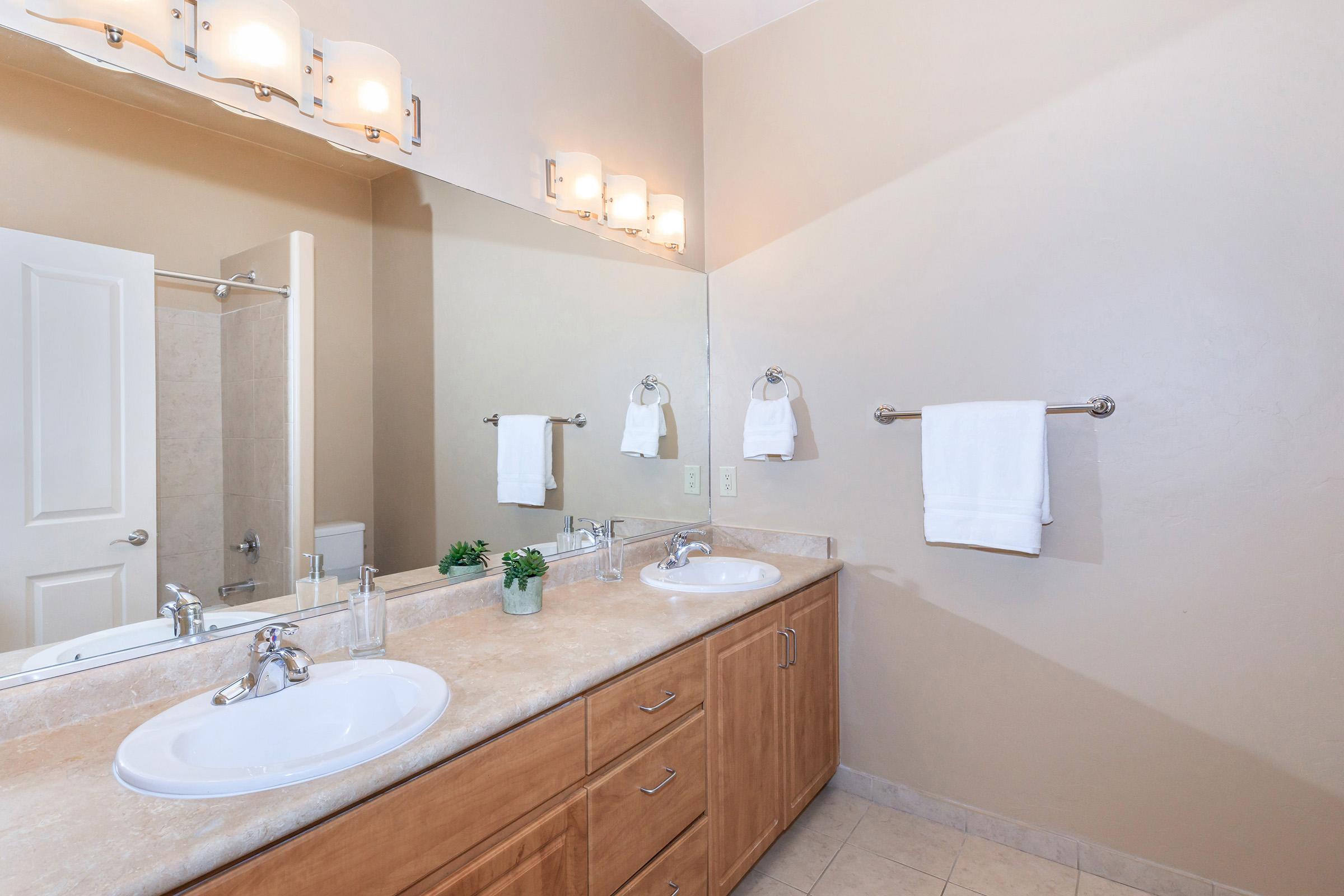 A clean, modern bathroom featuring a double sink with a beige countertop, wooden cabinets, a large mirror, and illuminated by wall-mounted lights. Two white towels hang on the wall, and a small potted plant adds a touch of greenery. The shower is partially visible through a glass door.