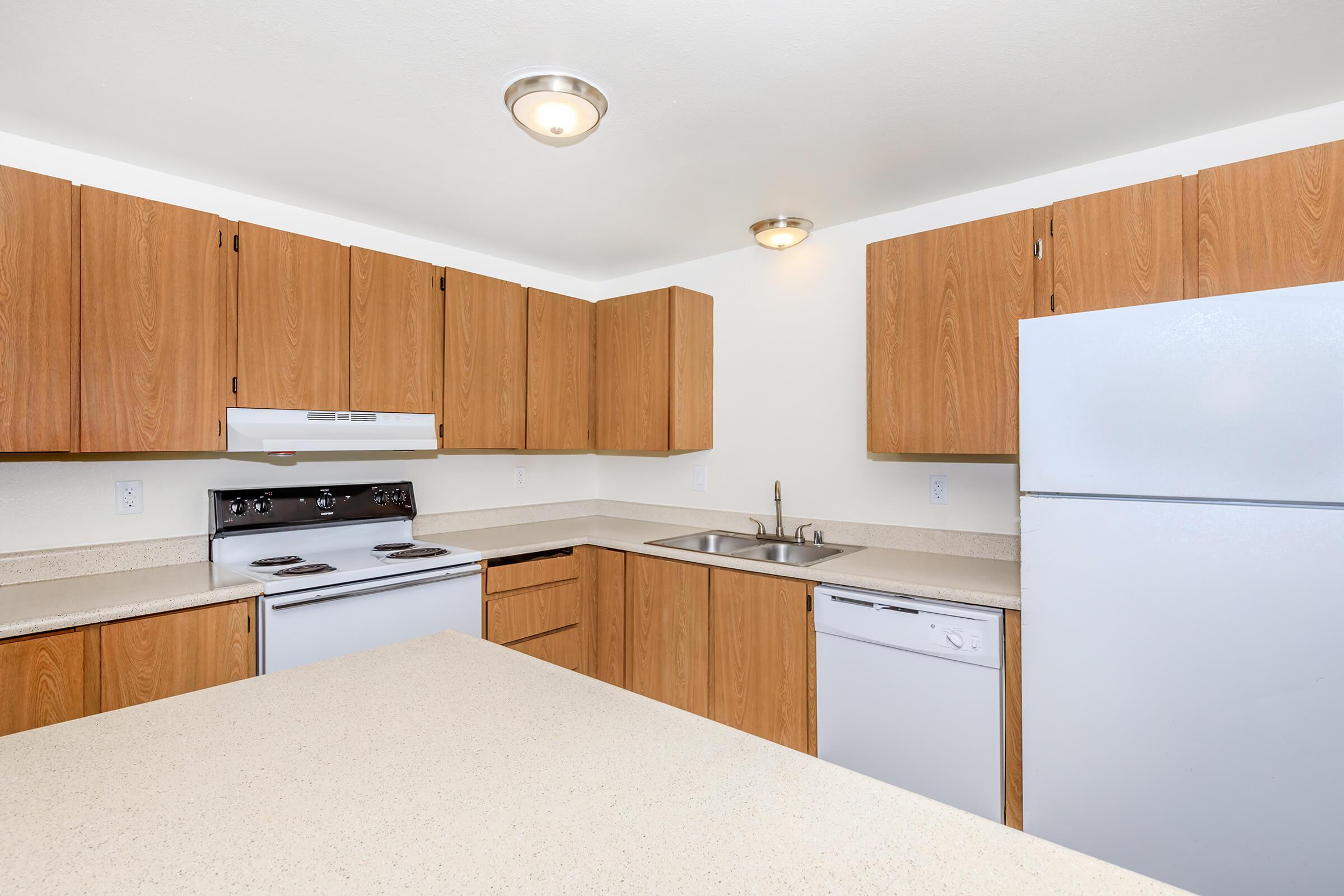 a kitchen with a stove and a refrigerator