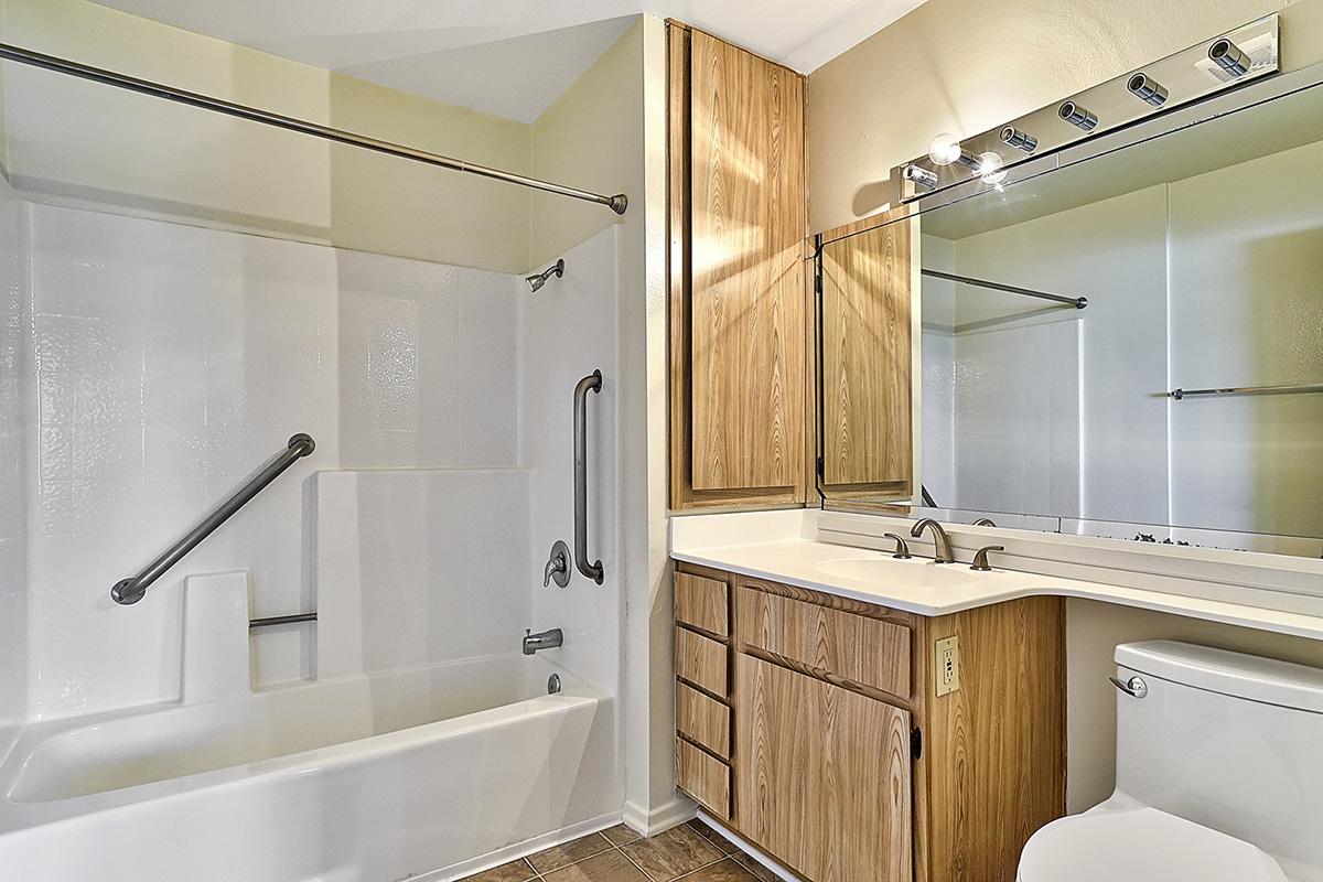 Bathroom with wooden cabinets