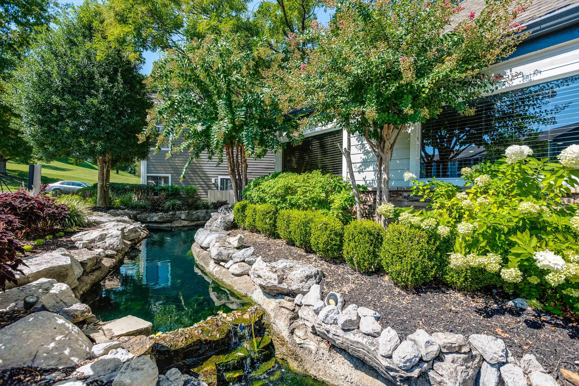 A peaceful garden scene featuring a small, clear pond surrounded by lush greenery, flowering plants, and neatly trimmed bushes. The landscape includes smooth rocks along the pond's edge and a backdrop of trees and a house, creating a serene outdoor environment. Bright sunlight enhances the vibrant colors.