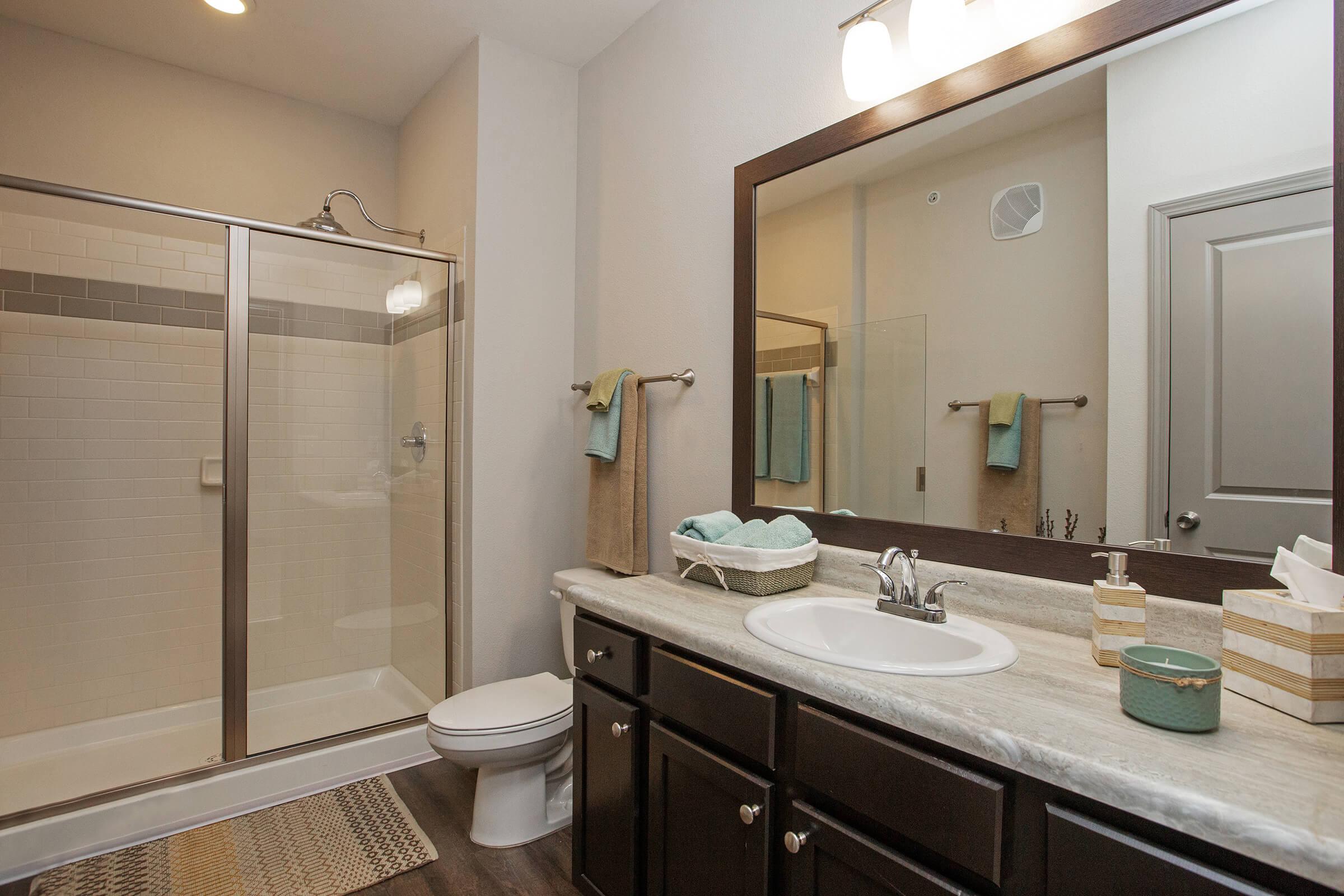 a double sink and large mirror