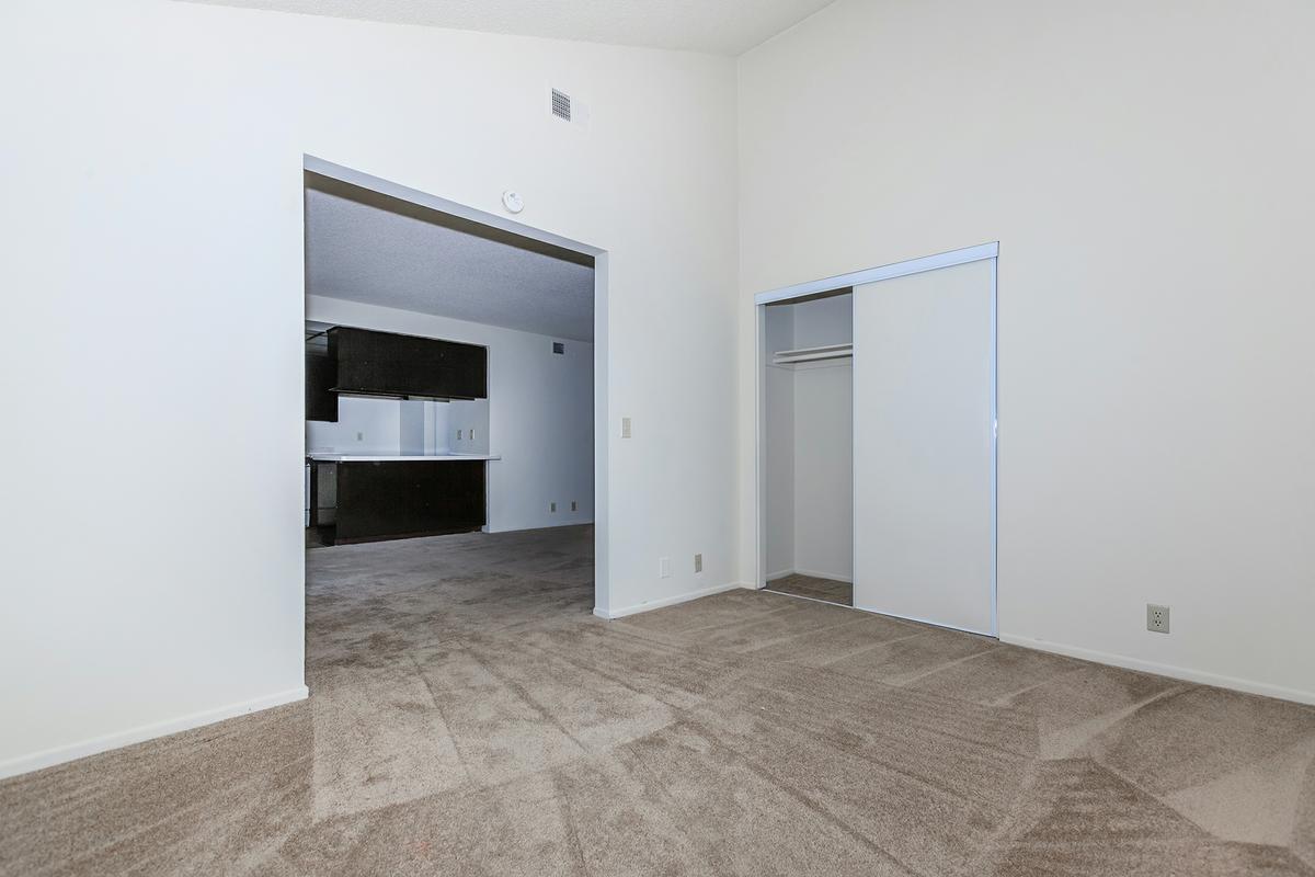 Vacant carpeted bedroom with open sliding closet door